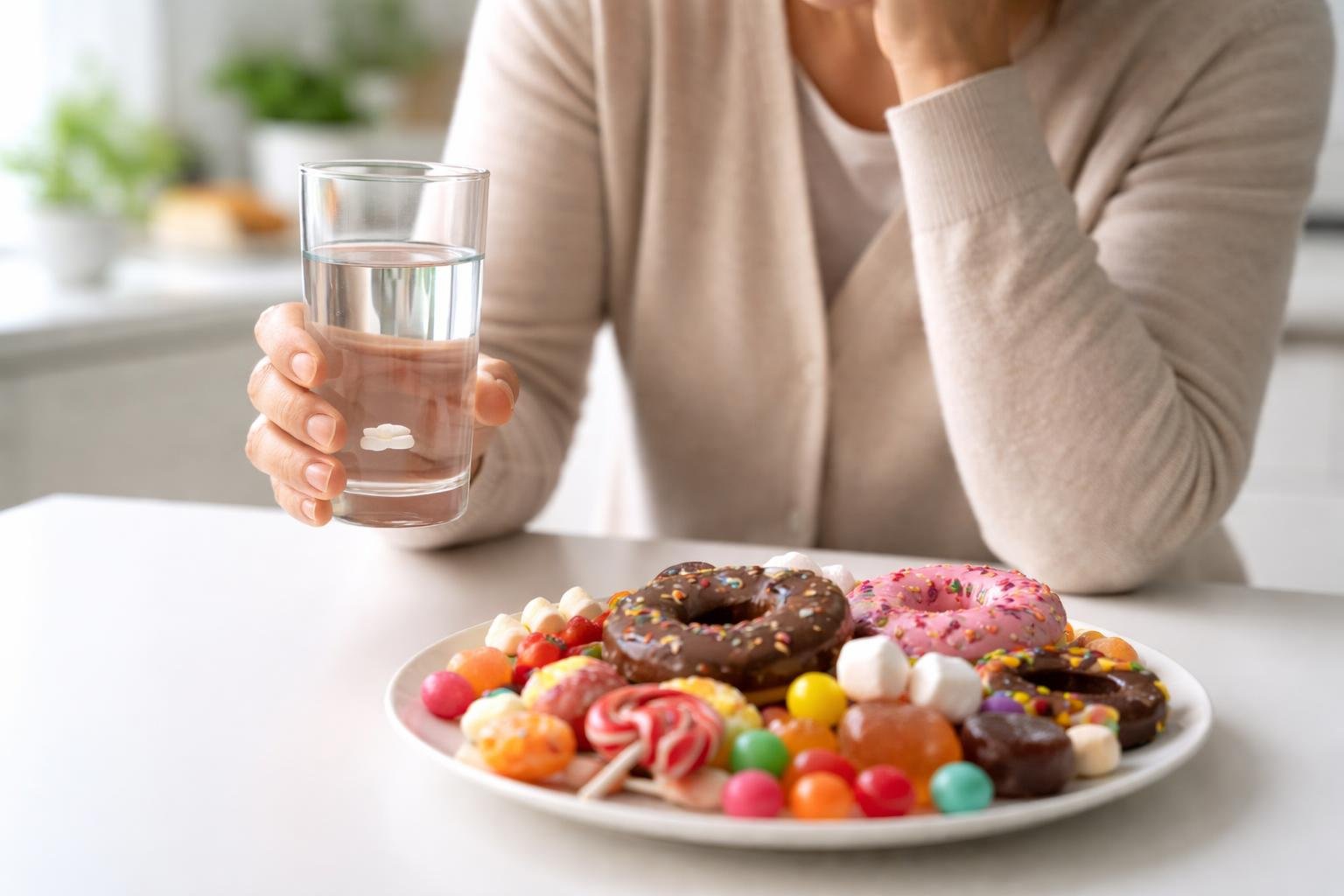 Pessoa segurando um copo d'água com um comprimido na mão, olhando para um prato com doces na mesa da cozinha.