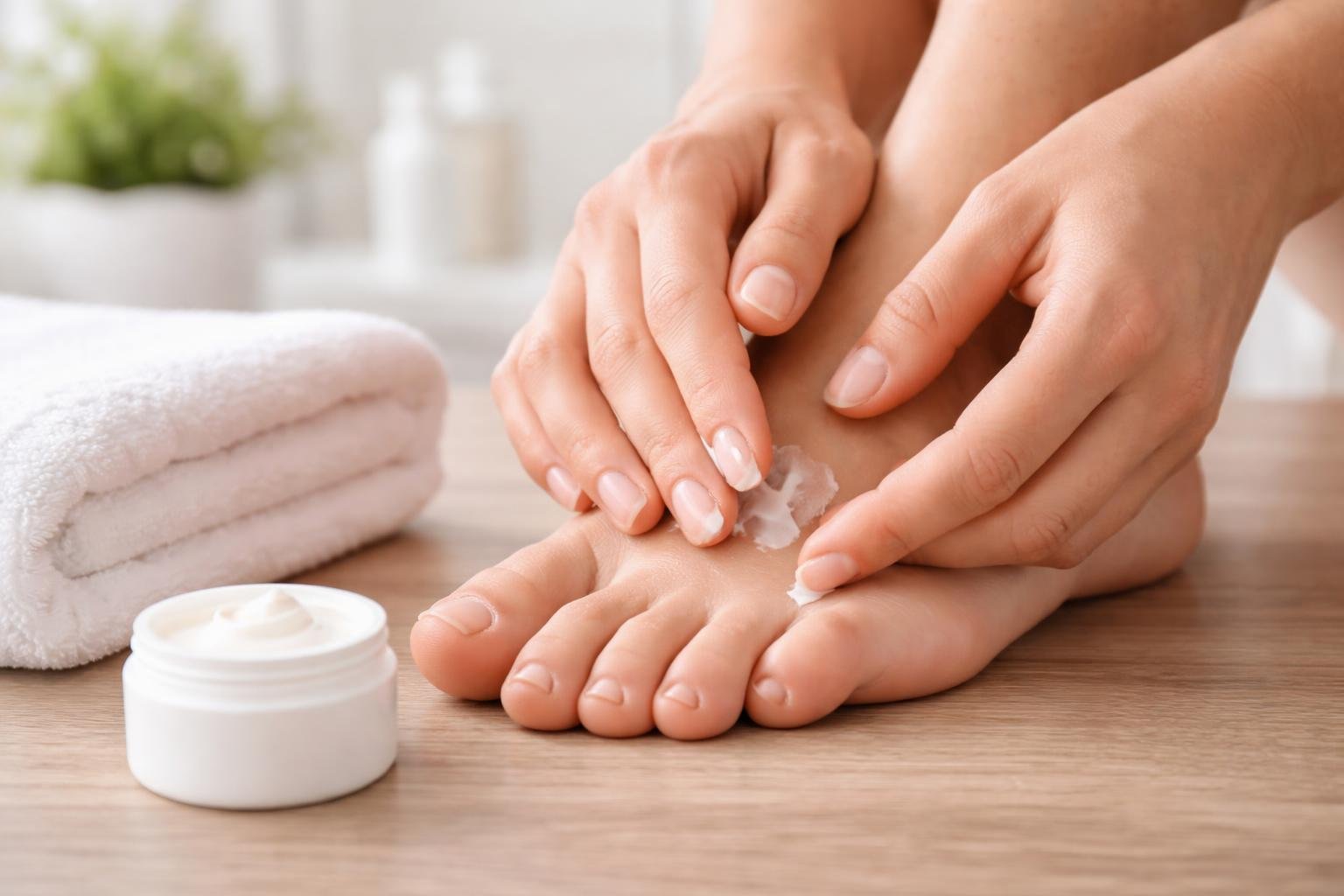 Pessoa aplicando creme antifúngico no pé em um ambiente de banheiro limpo e iluminado.