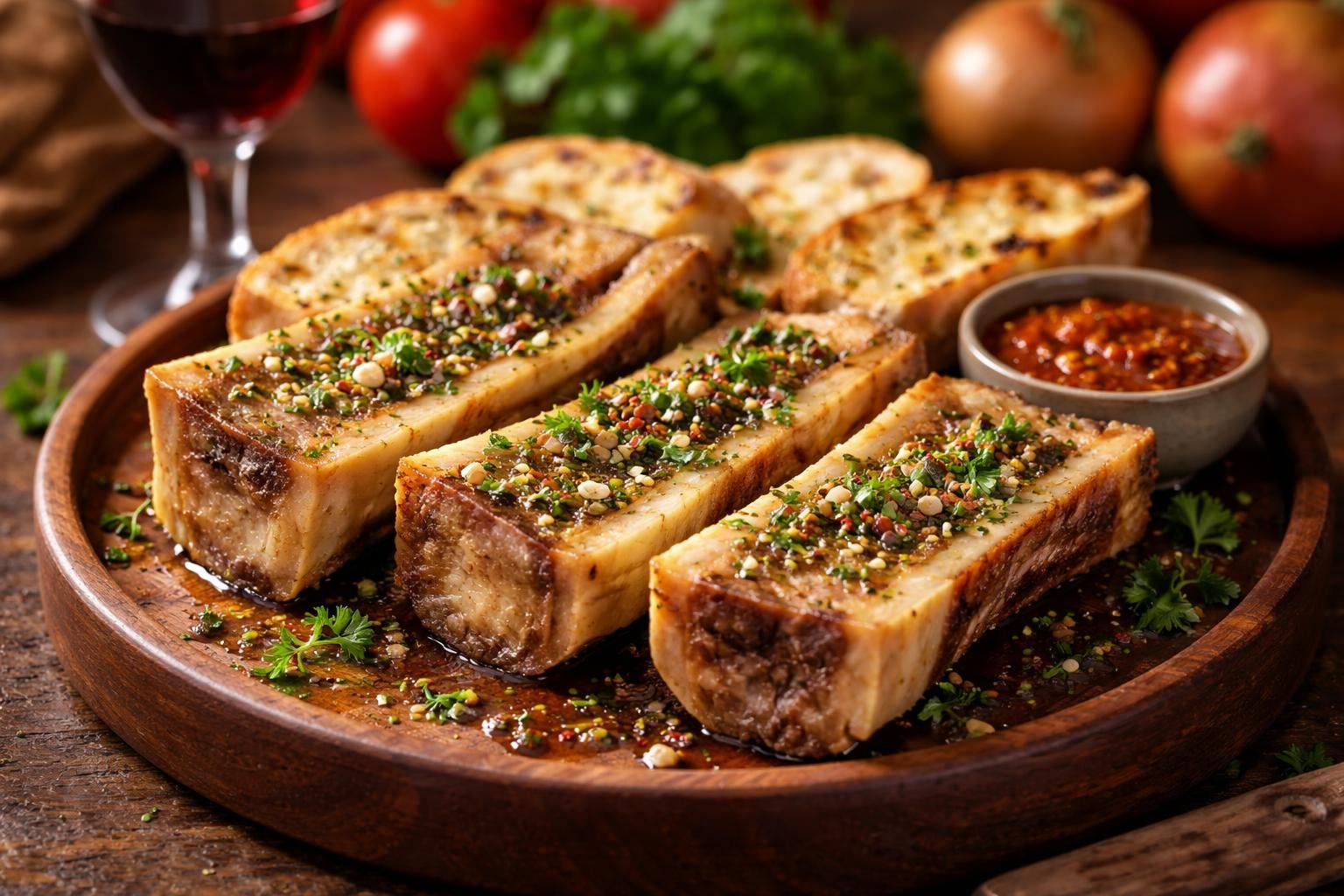 Prato tradicional brasileiro com tutano de boi servido em prato de madeira, acompanhado de pão e ervas frescas sobre mesa rústica.