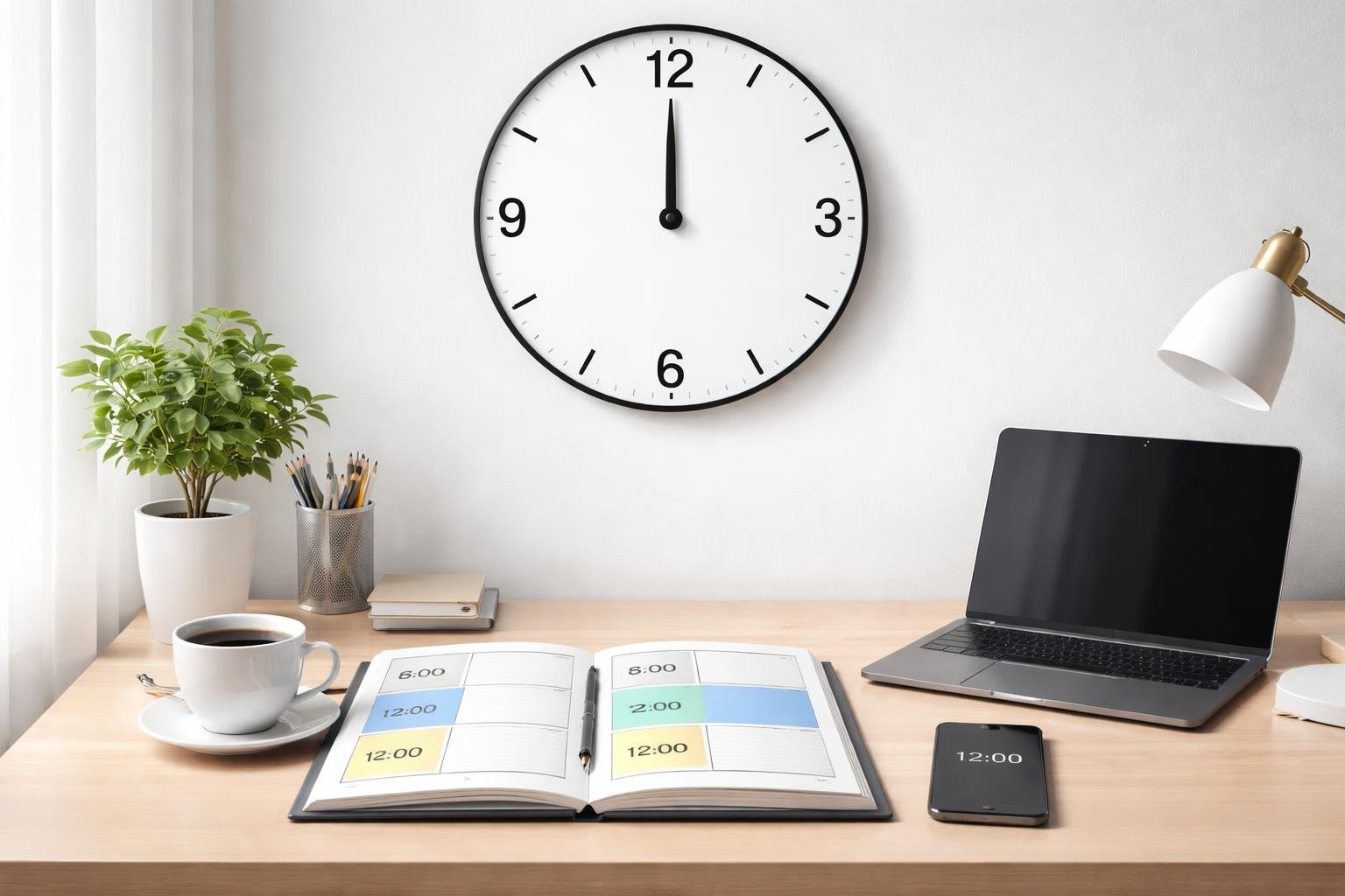 Relógio analógico em uma parede branca mostrando horários de 6 em 6 horas, com uma mesa organizada abaixo contendo um planner aberto, laptop, café e smartphone.