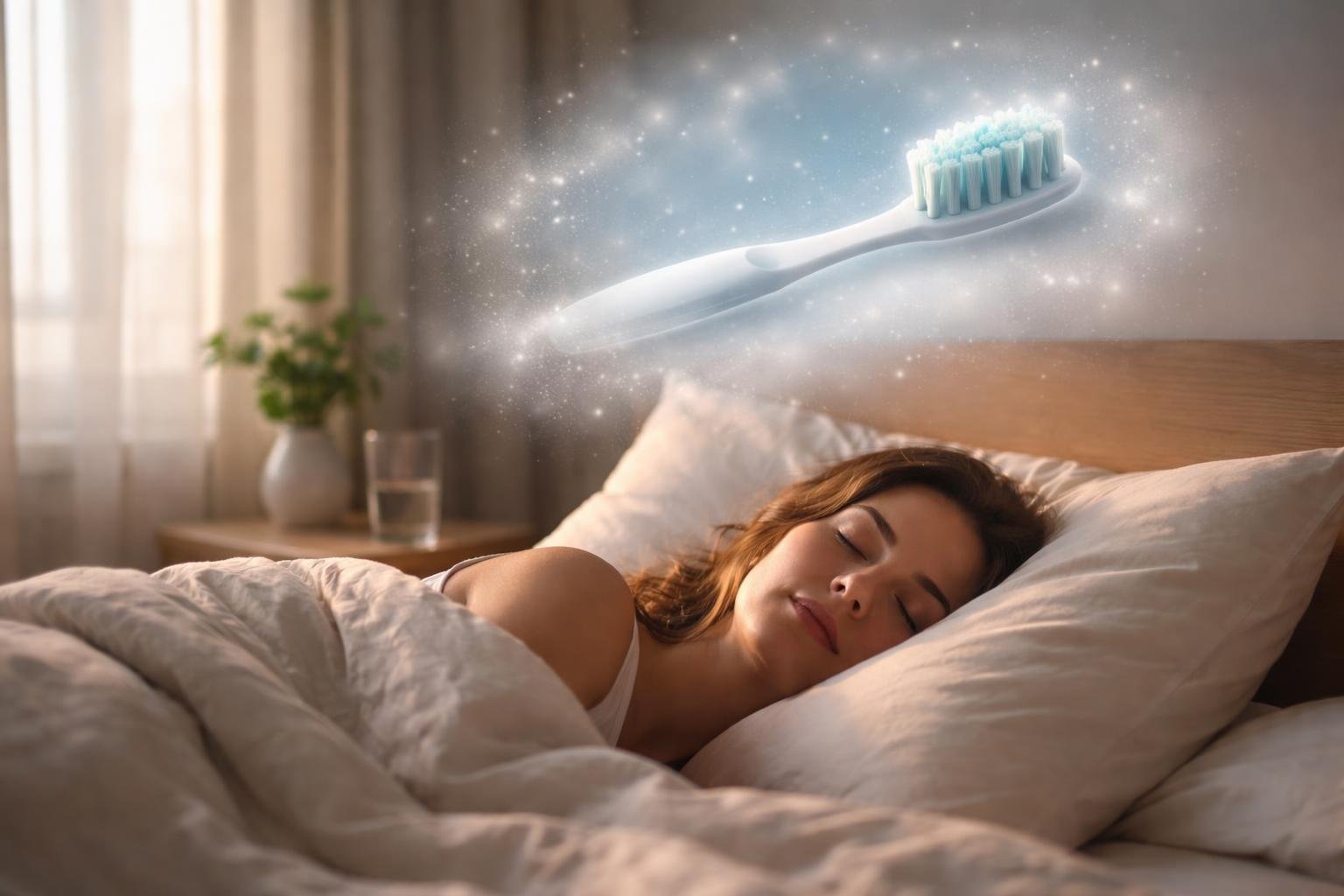 Pessoa deitada na cama, dormindo tranquilamente, com uma escova de dente aparecendo como um sonho acima da cabeça.