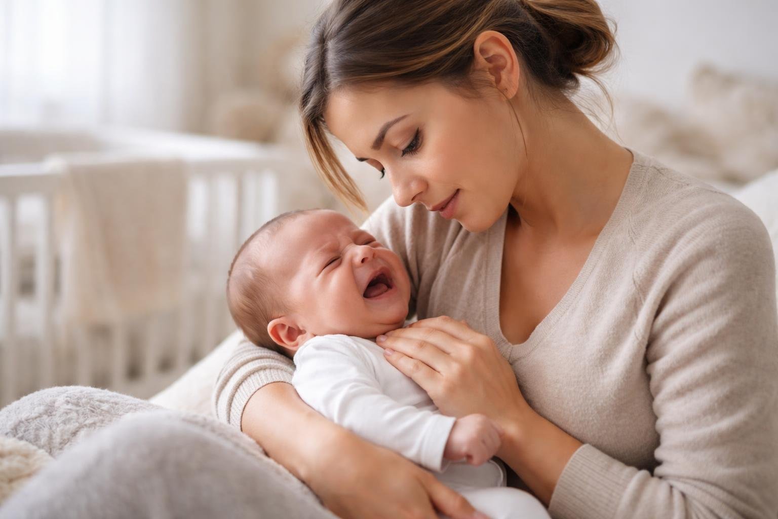 Mãe confortando carinhosamente seu bebê que parece estar com cólica em um quarto de bebê acolhedor.