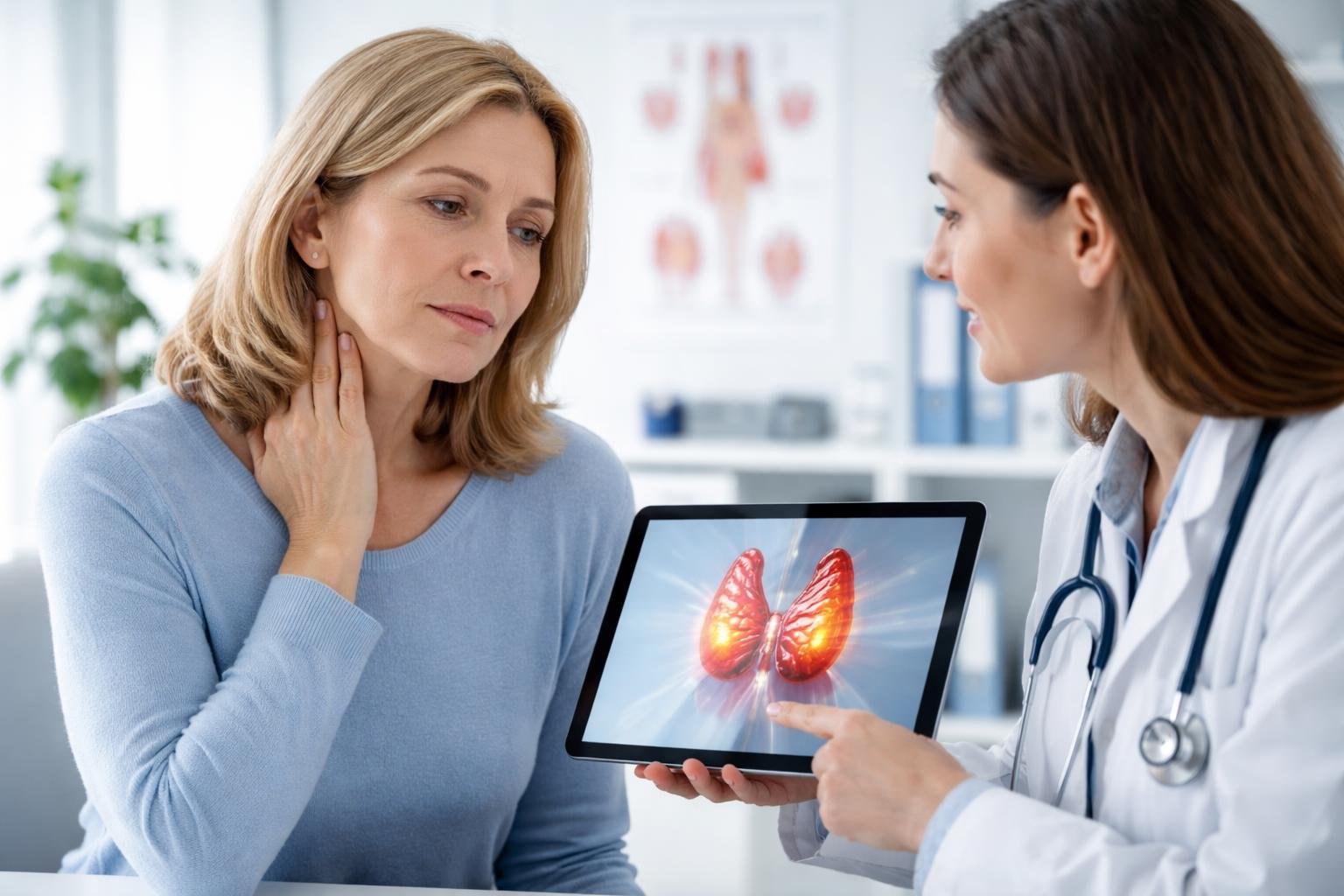 Mulher preocupada sentada em consultório médico, segurando o pescoço, enquanto médica explica sobre a glândula tireoide em um tablet.