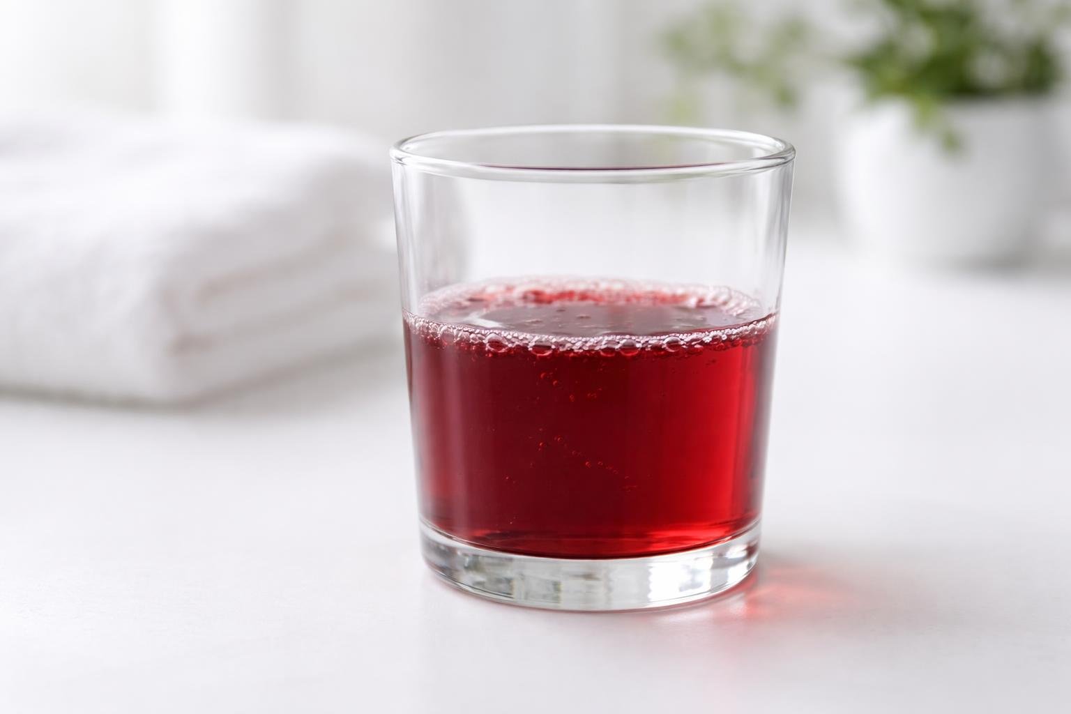 Um recipiente de vidro transparente com líquido vermelho representando menstruação, sobre uma superfície branca, com um pano branco e uma planta ao fundo.