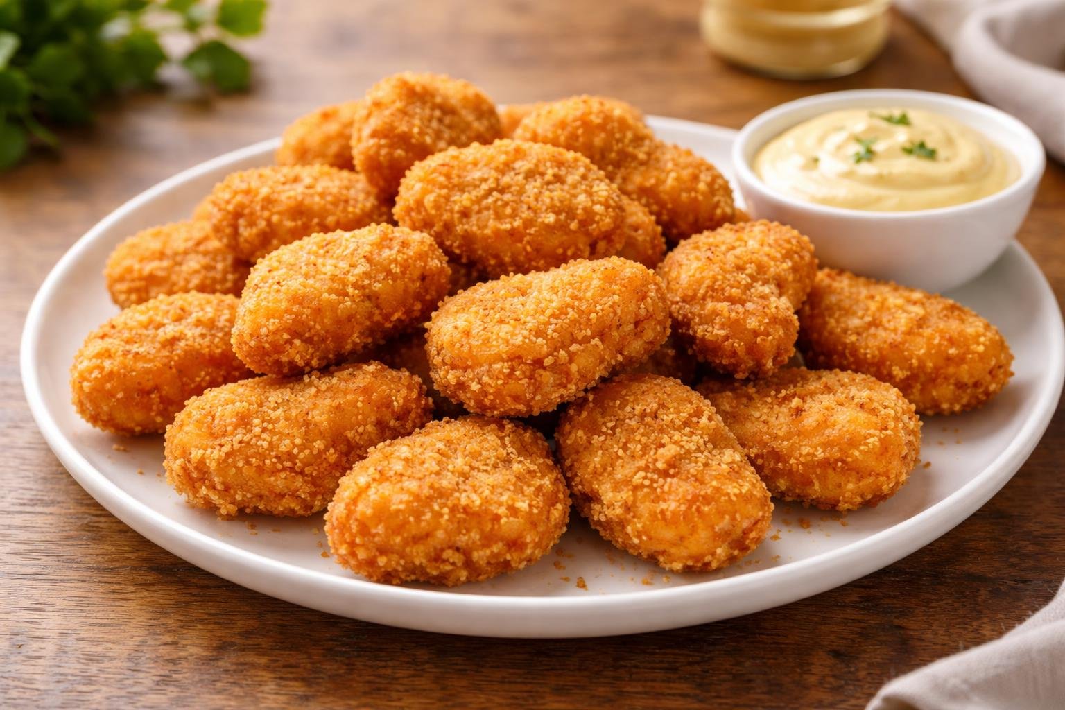 Prato com nuggets dourados e crocantes acompanhados de um pequeno recipiente com molho cremoso sobre uma mesa de madeira.