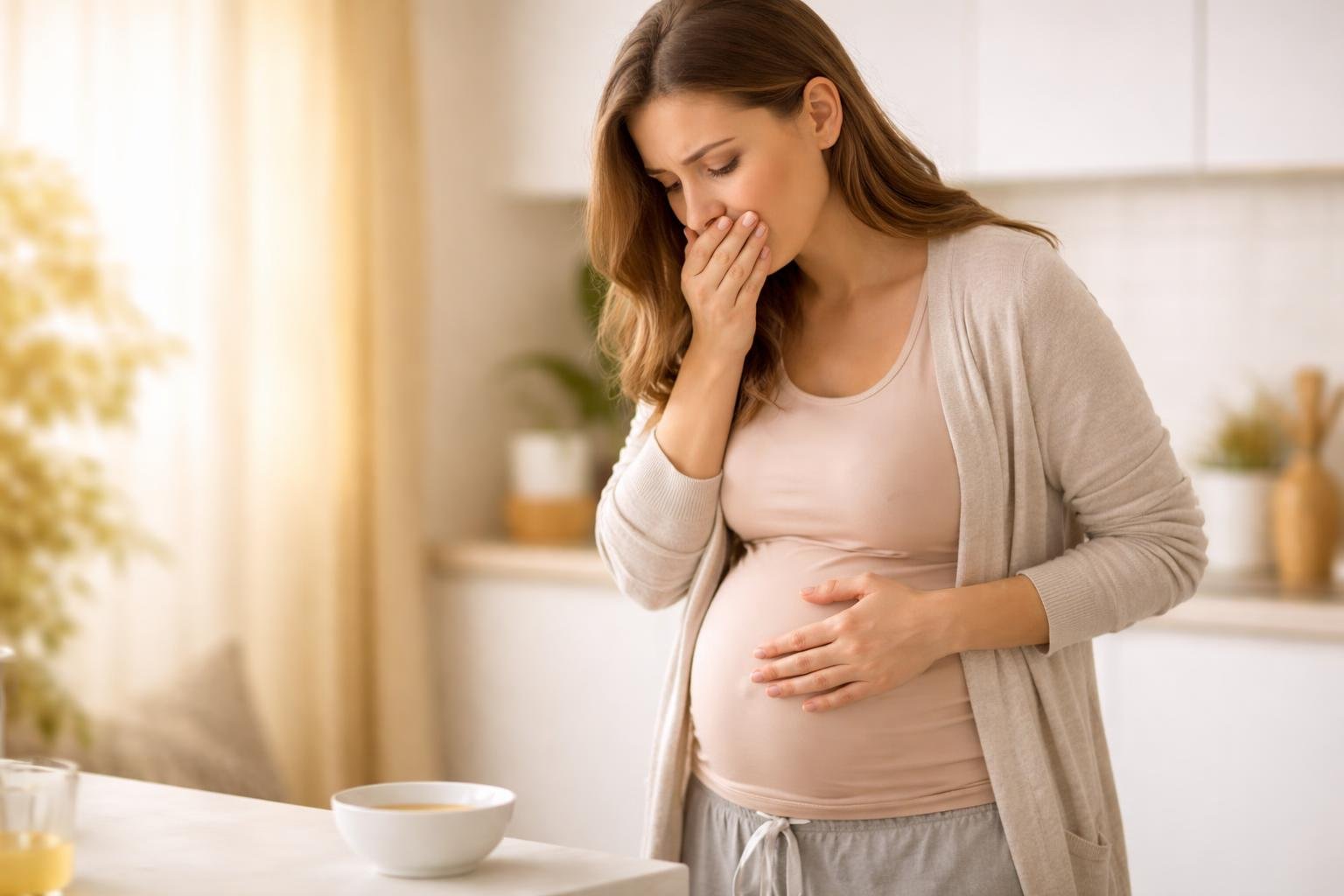 Mulher grávida com expressão desconfortável, segurando a barriga, em ambiente doméstico claro e tranquilo.
