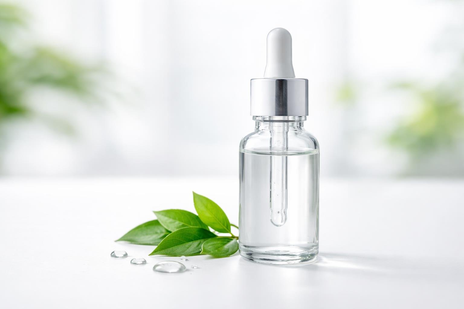 Frasco de conta-gotas transparente com gotas de líquido ao lado e folhas verdes, sobre uma superfície branca.