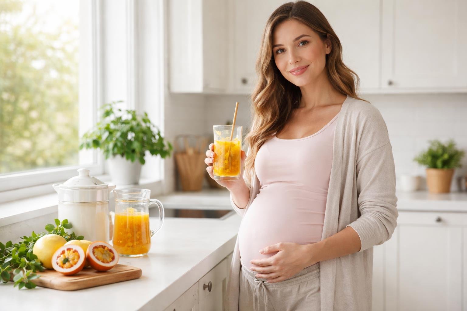 Mulher grávida sorrindo segurando um copo de suco de maracujá em uma cozinha moderna e iluminada.