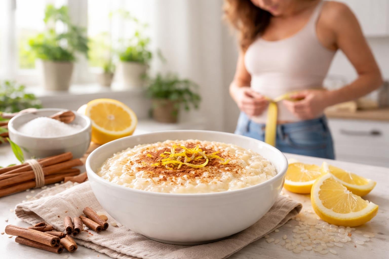 Uma mesa com um prato de arroz doce decorado com canela e limão, com ingredientes ao redor e uma pessoa medindo a cintura ao fundo.