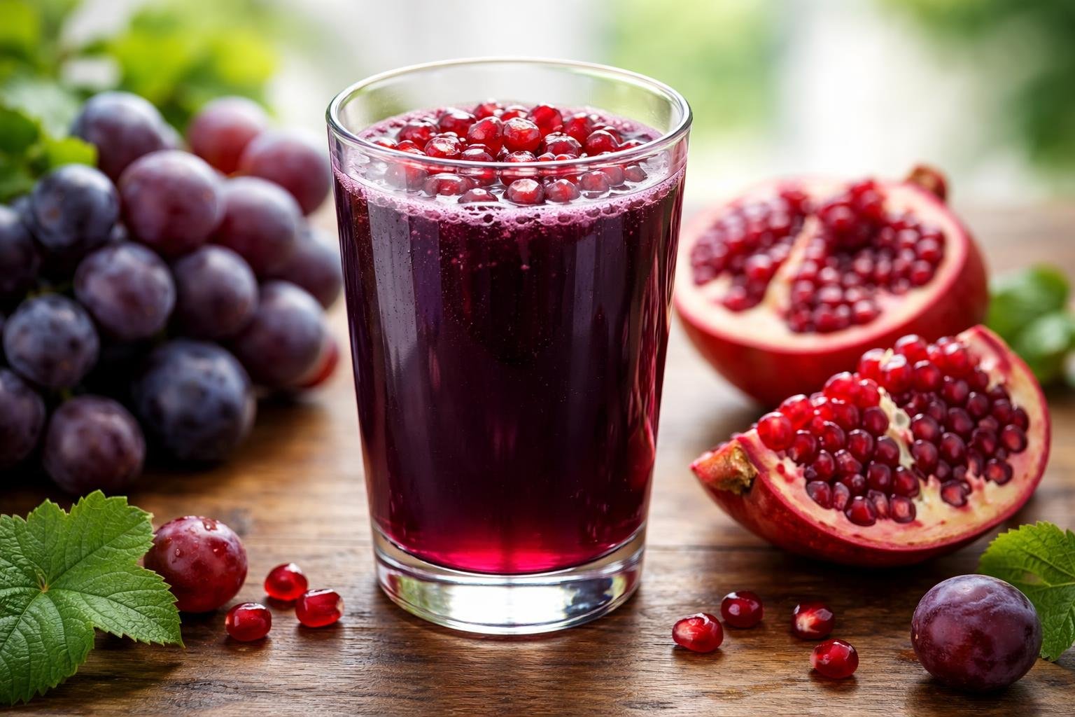 Copo de suco roxo com sementes de romã, ao lado de uvas e romãs frescas sobre uma mesa de madeira.