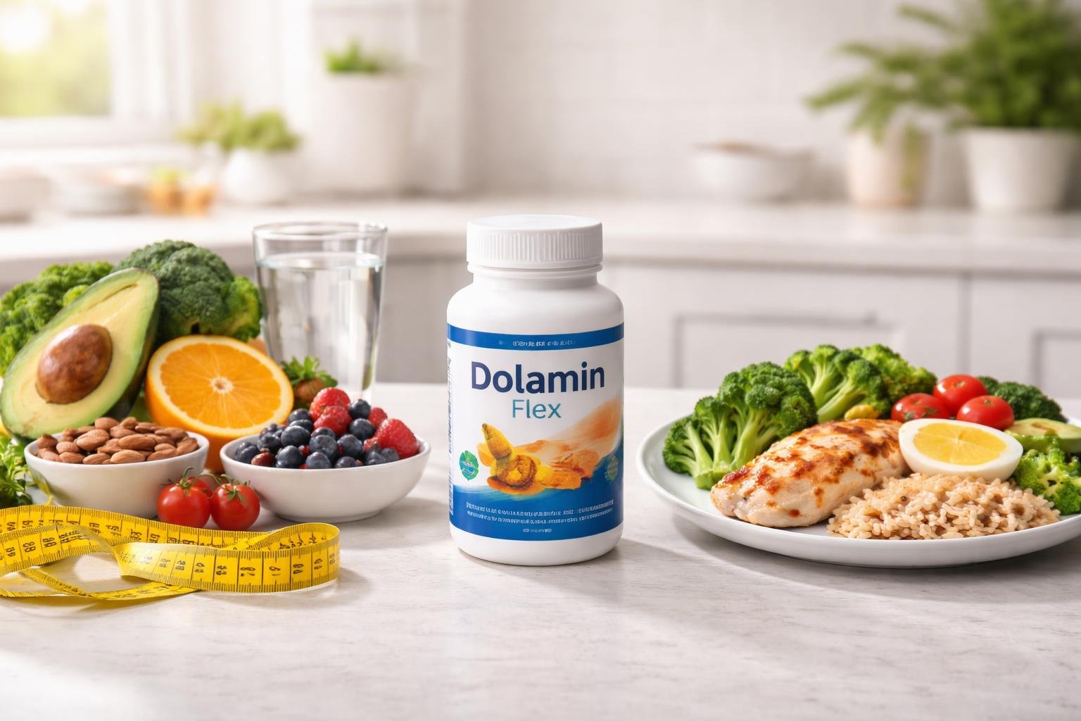 Frasco do suplemento Dolamin Flex em uma cozinha com alimentos saudáveis e uma refeição balanceada ao lado.