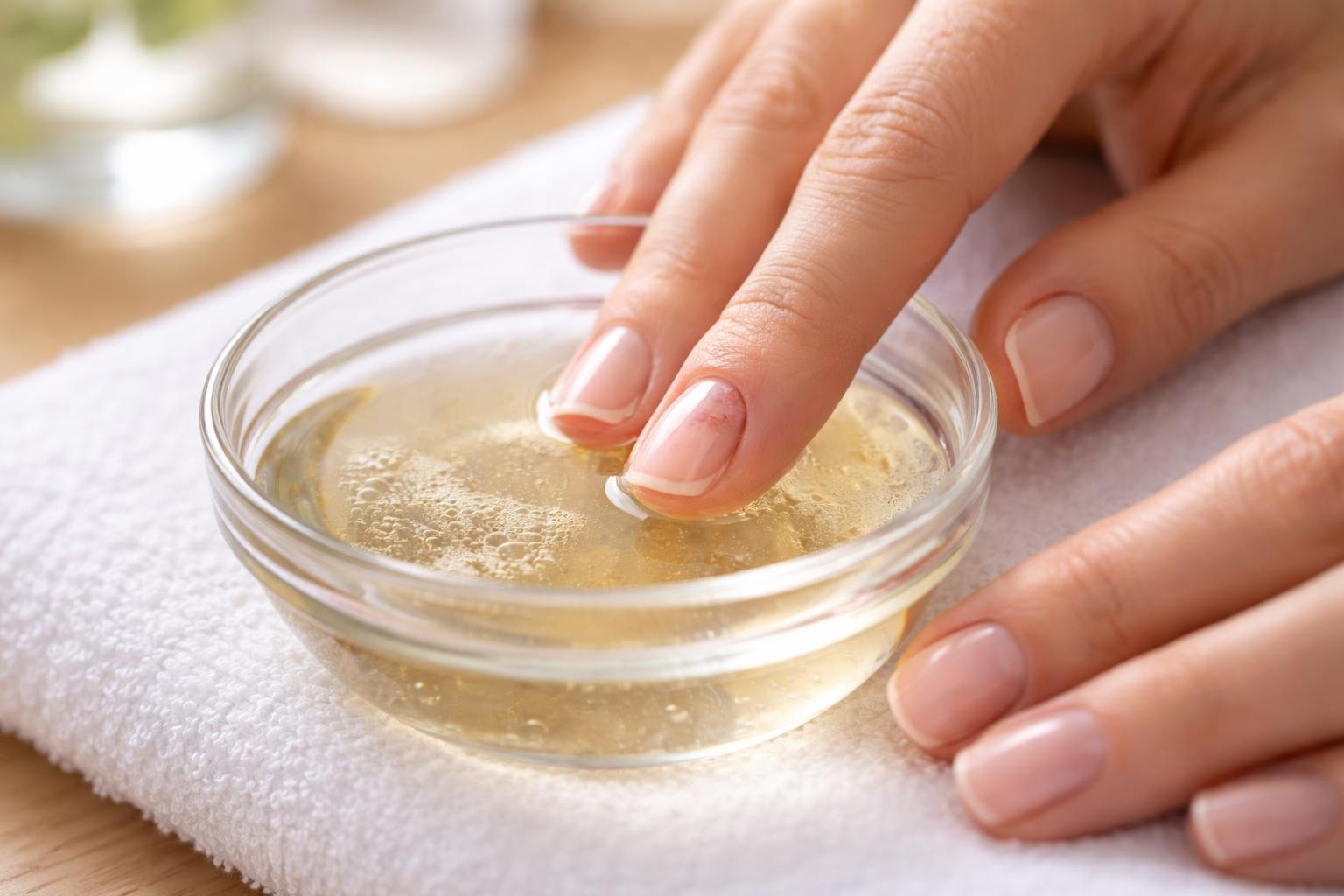 Pessoa cuidando da unha inflamada com o dedo imerso em uma tigela pequena com água morna.