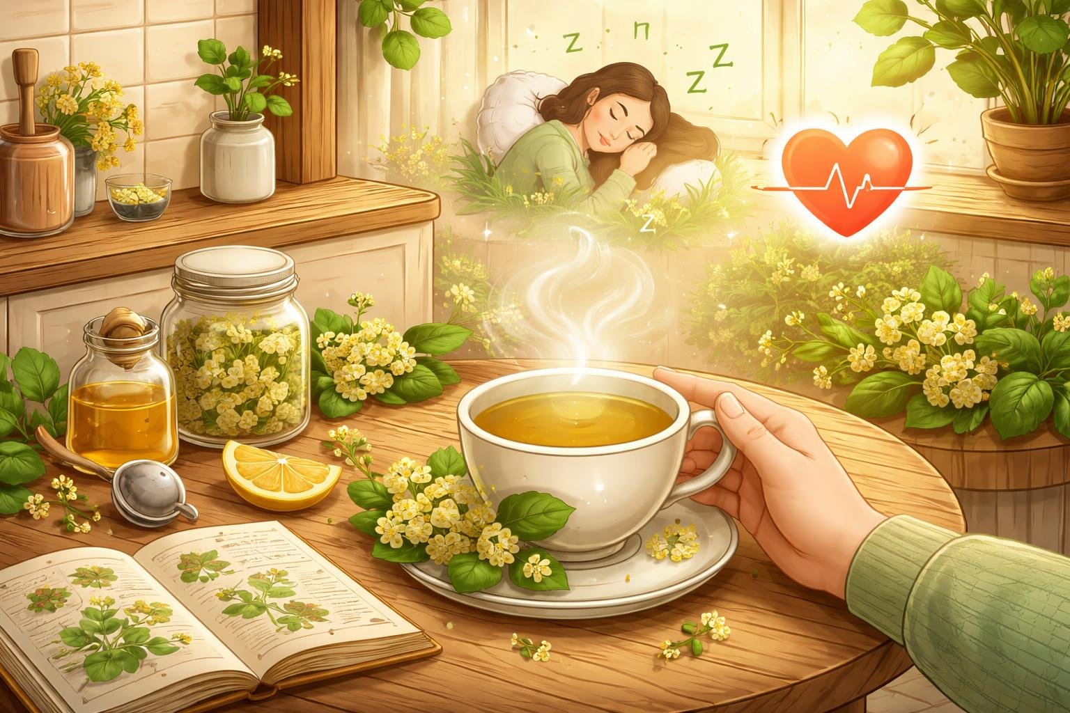 Uma pessoa segurando uma xícara de chá de tília em uma cozinha aconchegante, com flores e folhas de tília ao redor, transmitindo sensação de calma e bem-estar.
