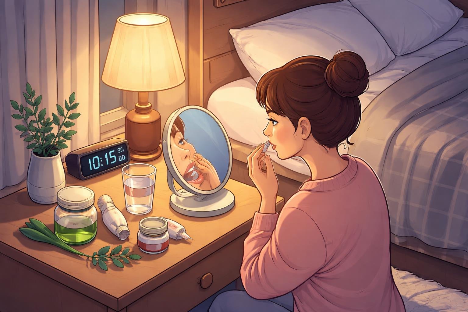 Pessoa aplicando pomada nos lábios em um quarto à noite com itens de cuidado na mesa de cabeceira.