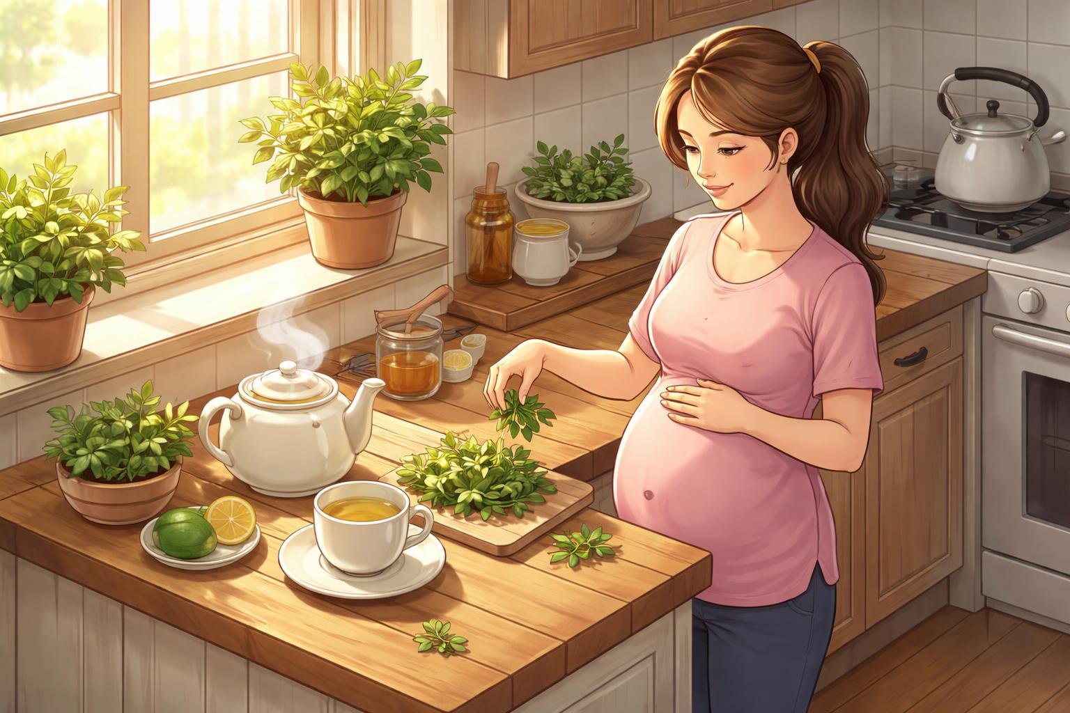 Mulher grávida preparando uma xícara de chá de cidreira em uma cozinha aconchegante.