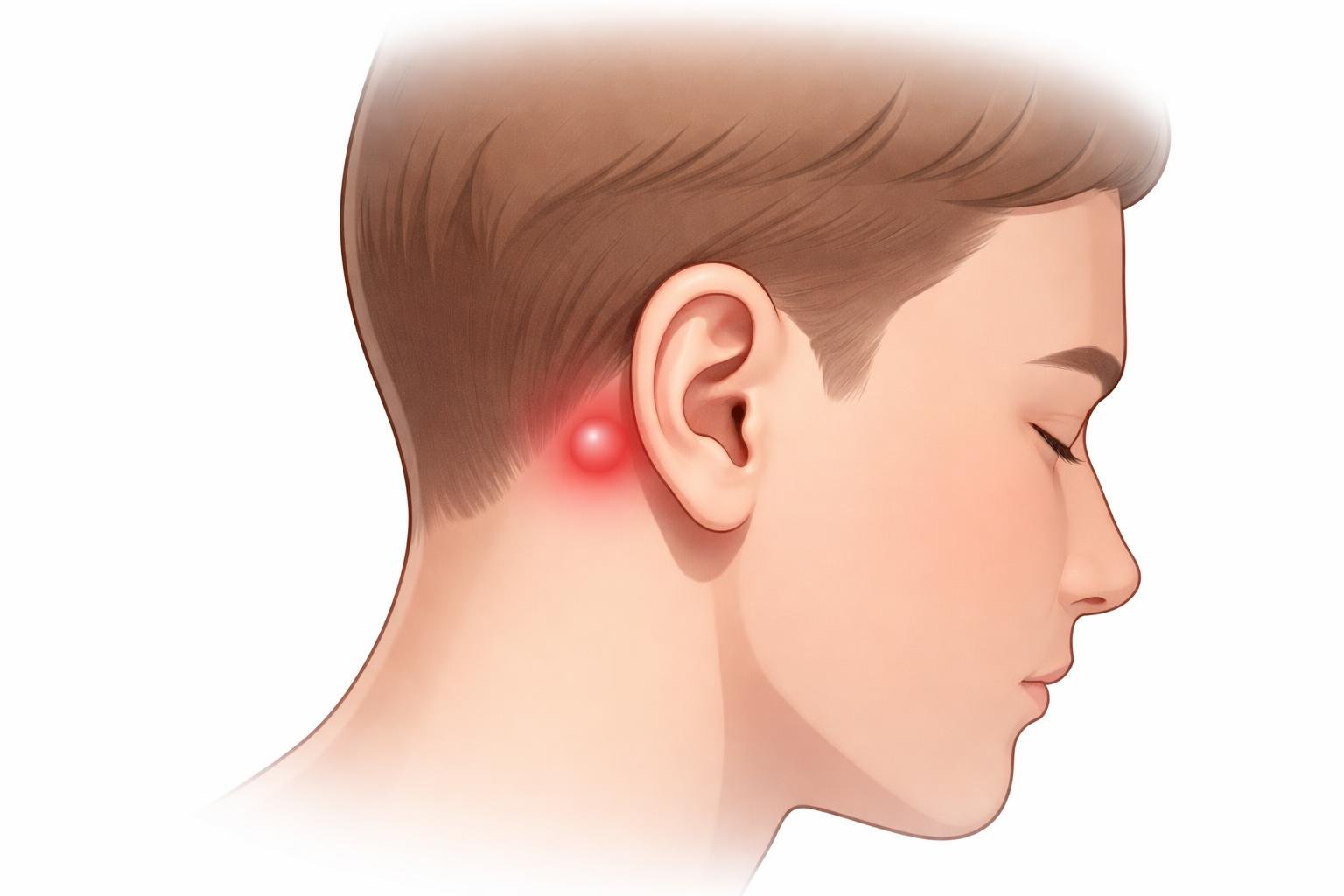Ilustração de uma cabeça humana mostrando uma pequena protuberância dolorida atrás da orelha.