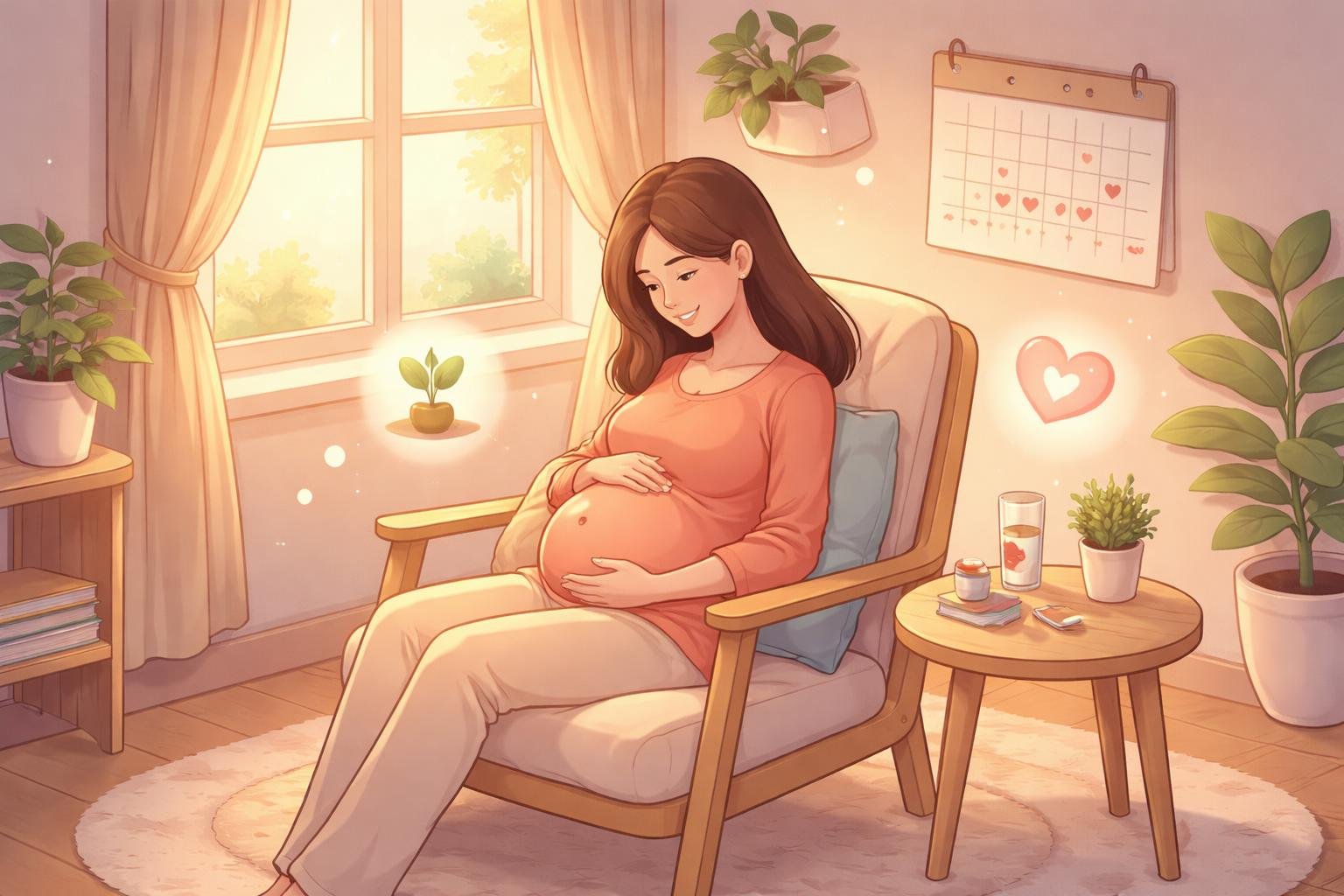 Mulher grávida sentada confortavelmente em uma cadeira, segurando a barriga em um ambiente acolhedor com elementos simbólicos ao redor que representam a gravidez.