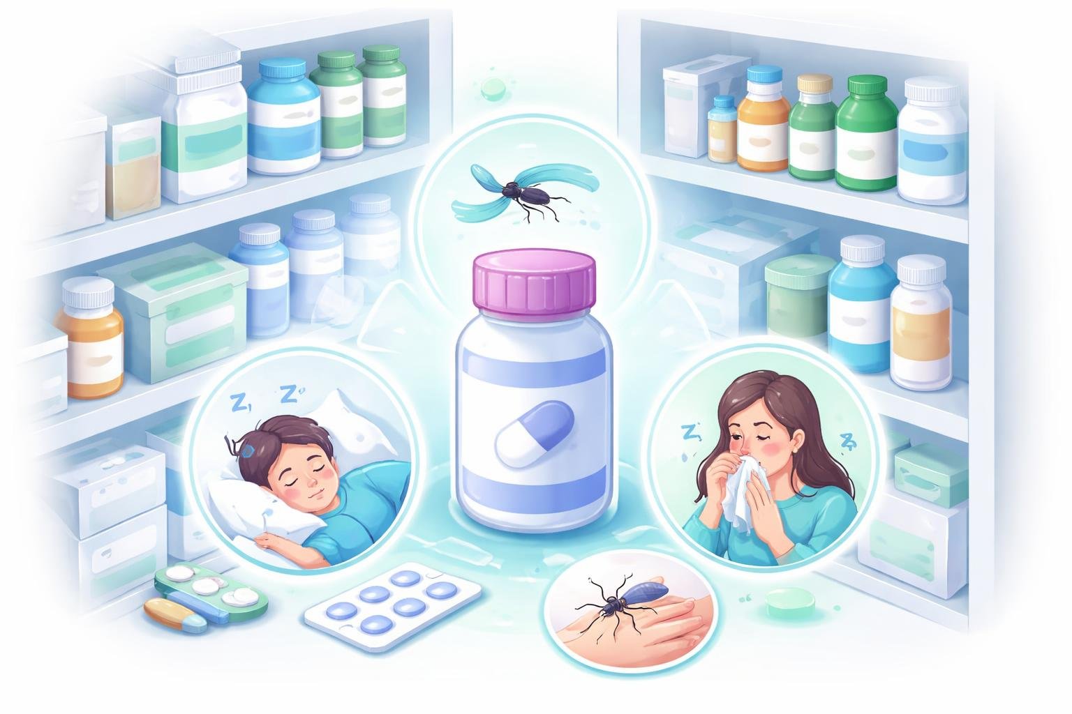 Ilustração mostrando uma farmácia com frascos de remédios e uma pessoa dormindo, outra com sintomas de alergia e um mosquito para indicar usos do medicamento.