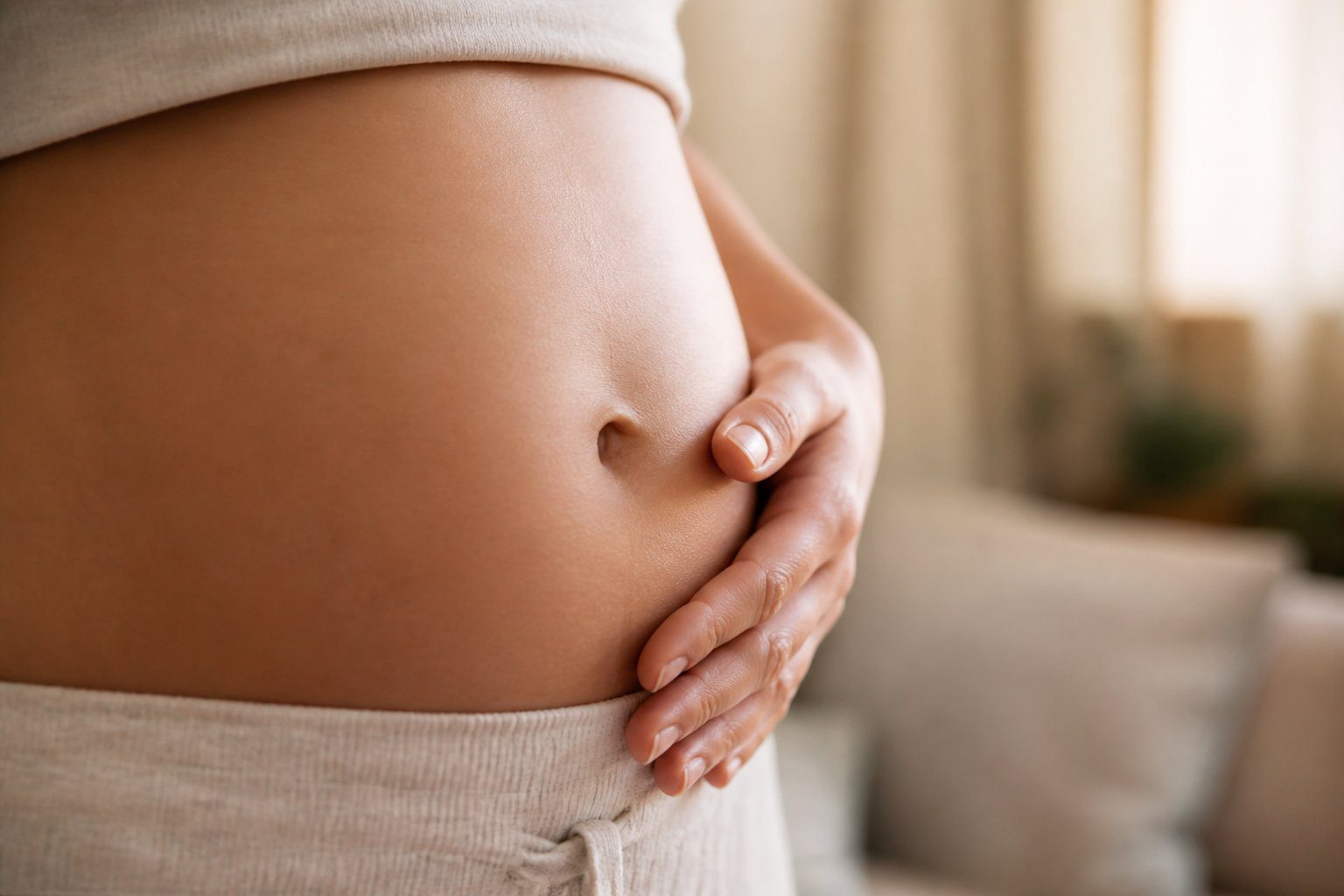 Close-up da barriga de uma mulher no primeiro mês de gravidez, com a mão apoiada suavemente sobre o abdômen.