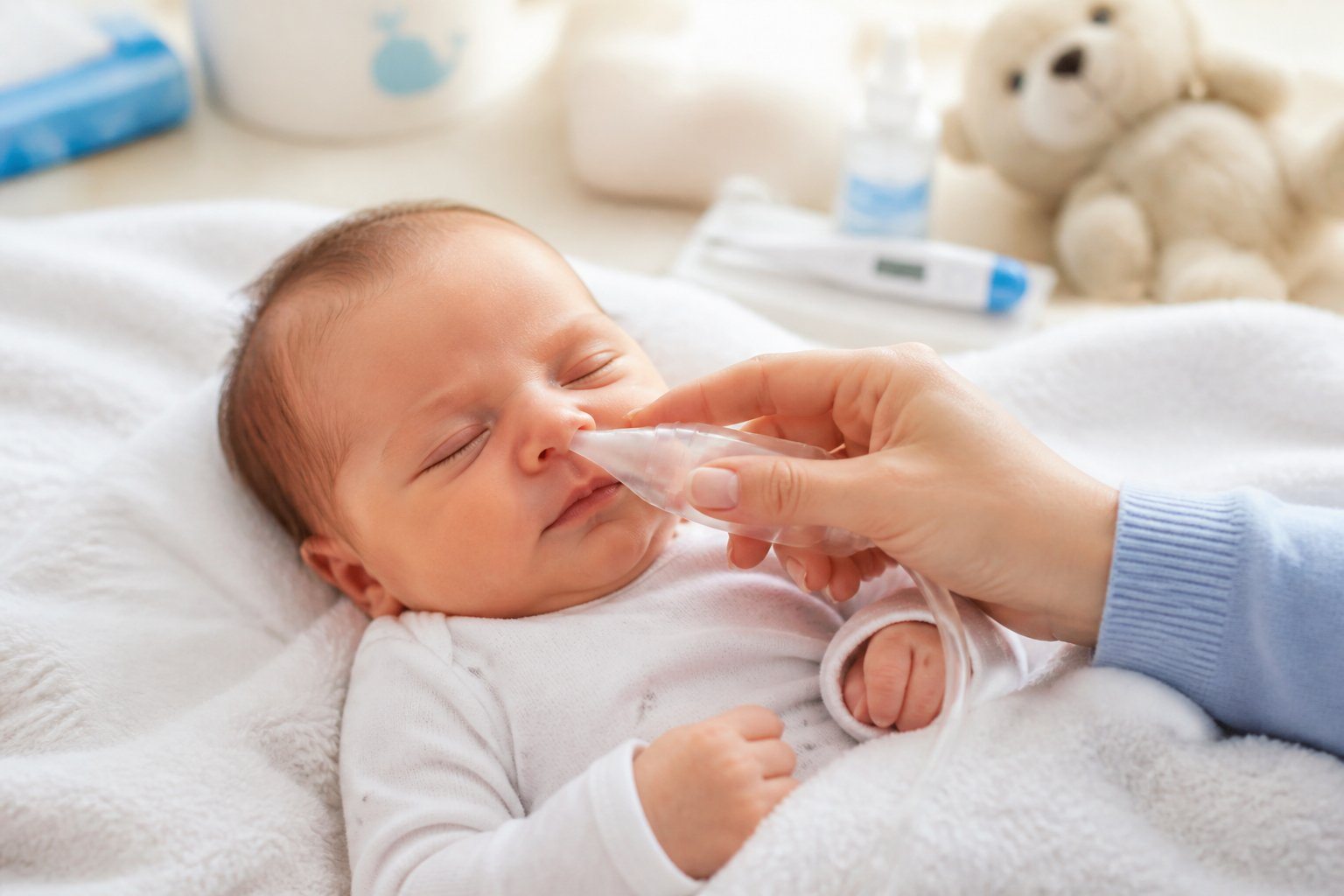 Bebê recém-nascido deitado em um cobertor branco, com uma mão adulta usando um aspirador nasal para ajudar com o resfriado.