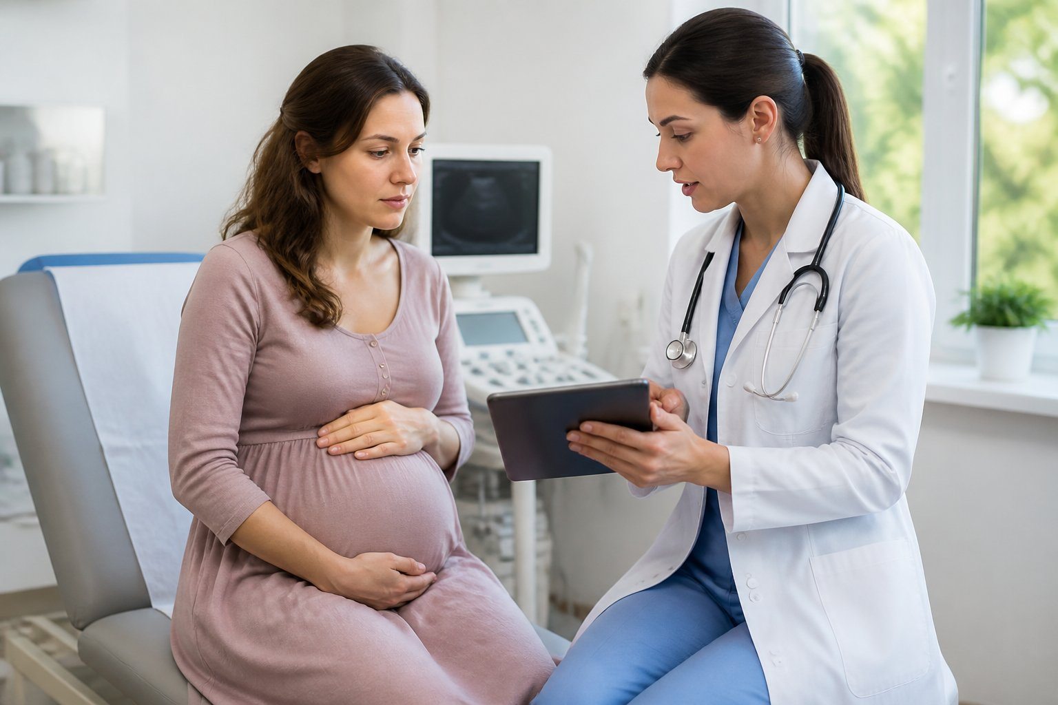 Mulher grávida sentada em consultório médico, conversando com profissional de saúde que mostra informações em um tablet.