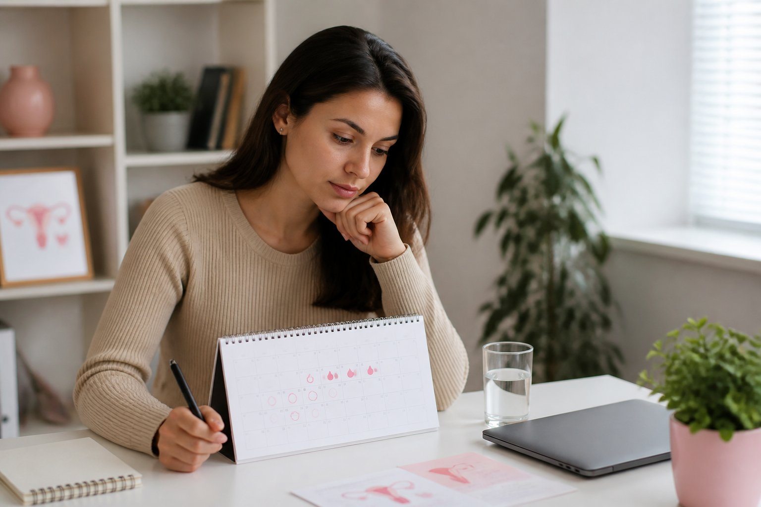 Mulher jovem sentada em uma mesa olhando para um calendário com datas do ciclo menstrual, em um ambiente claro e organizado.