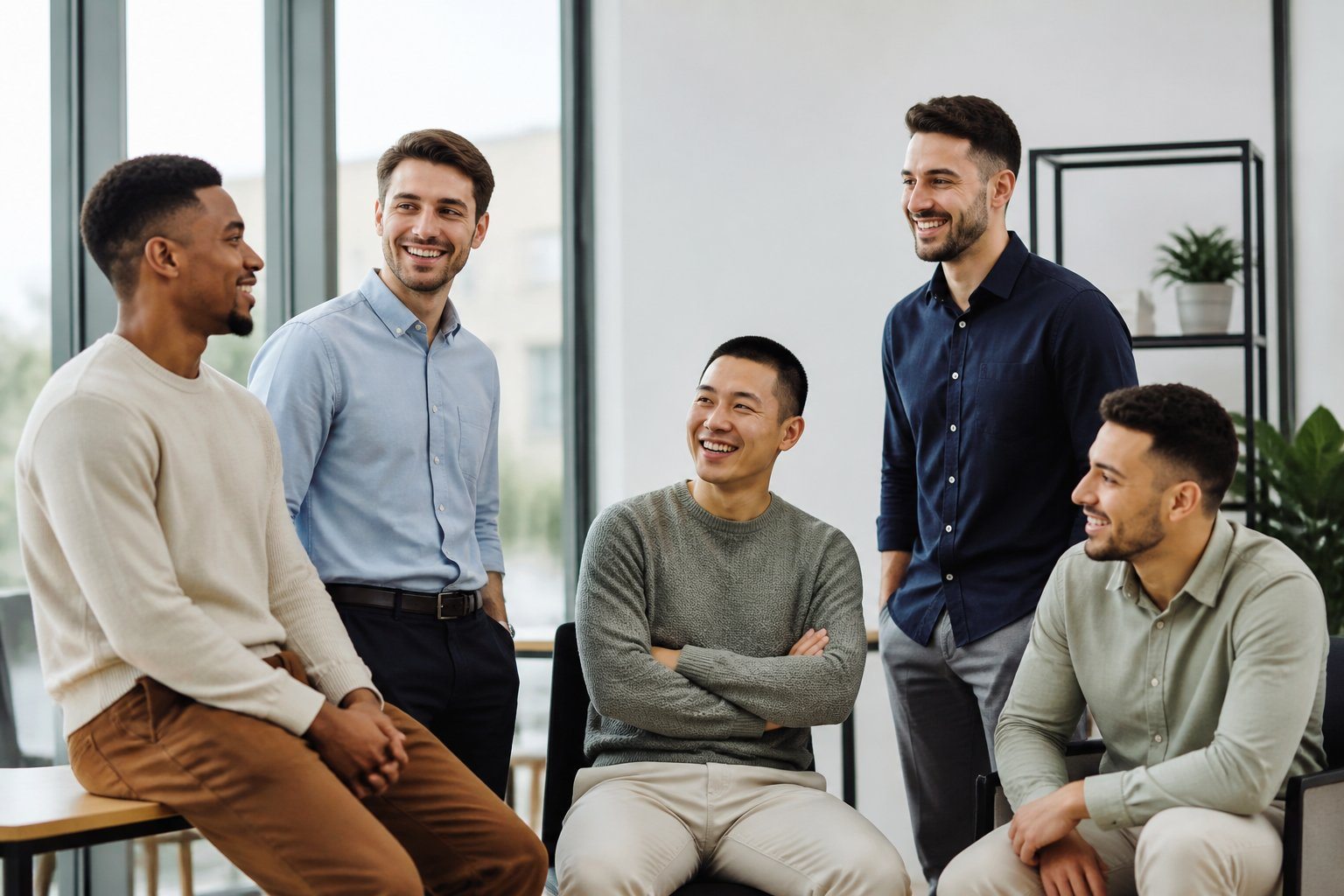 Grupo de homens jovens com cabelos curtos em um ambiente de escritório moderno e iluminado, sorrindo e conversando.