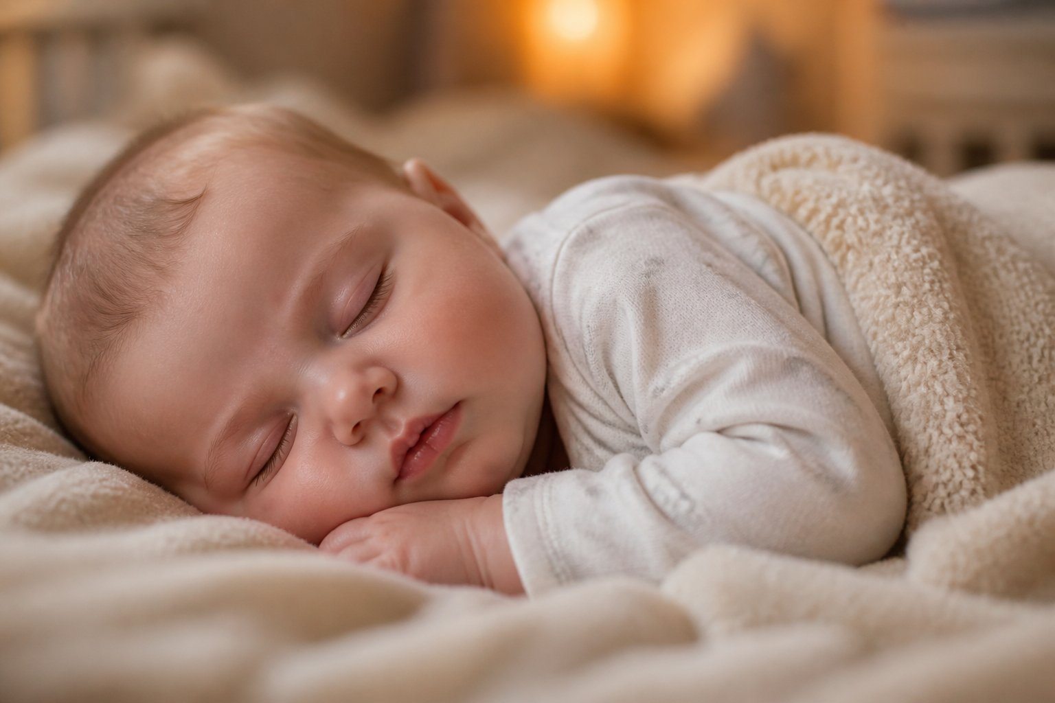 Bebê dormindo tranquilamente com respiração ofegante, deitado em um cobertor macio em um ambiente acolhedor.