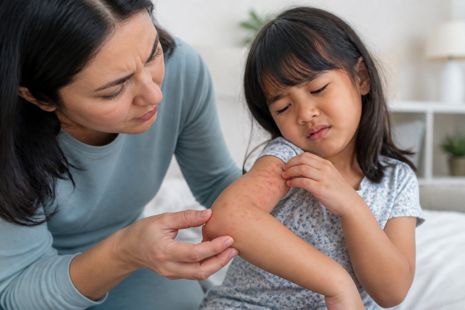 Mãe preocupada examinando a pele irritada do filho pequeno que está coçando o braço.