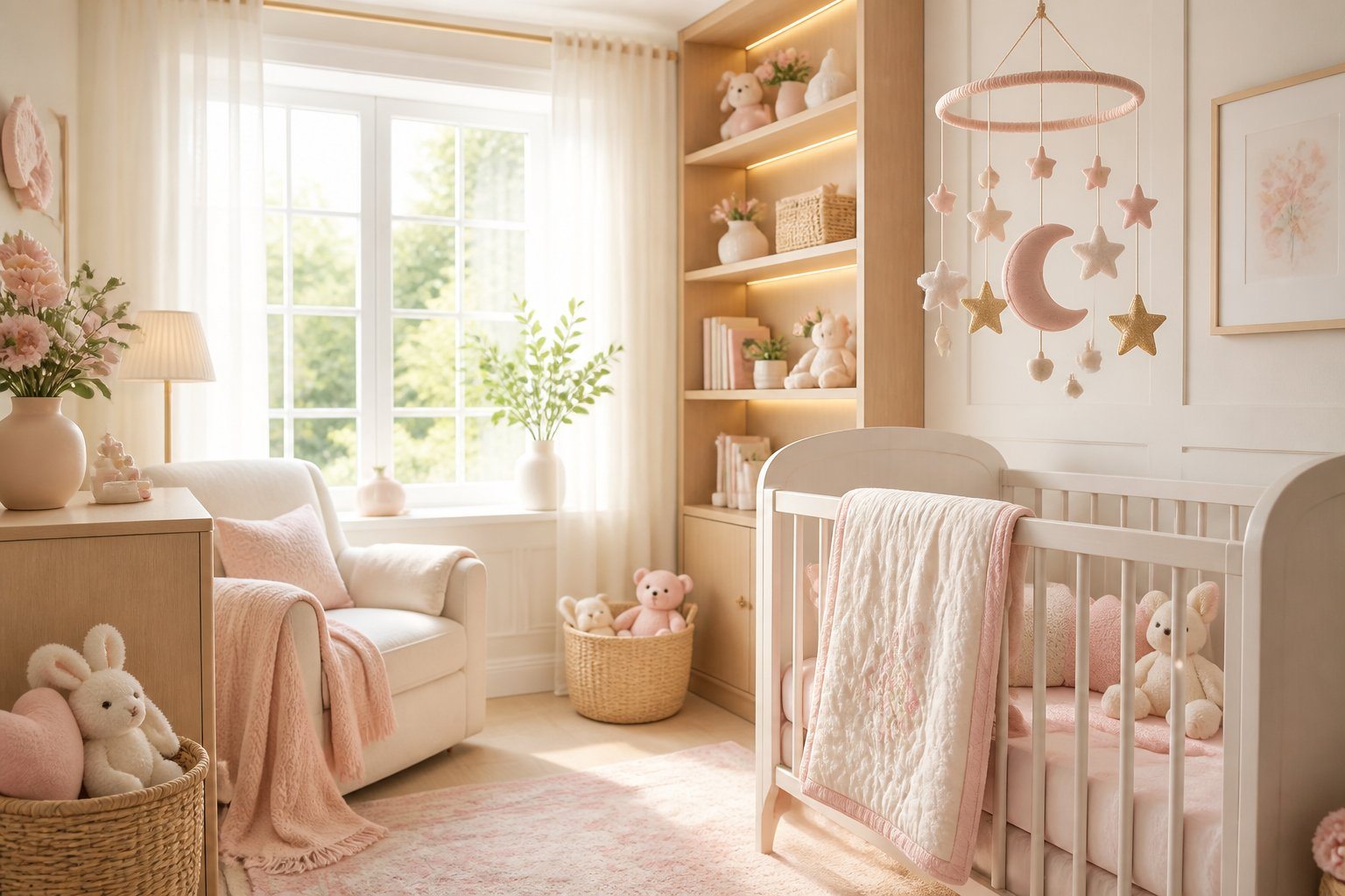 Quarto de bebê iluminado com berço, brinquedos e decoração suave em tons pastéis.