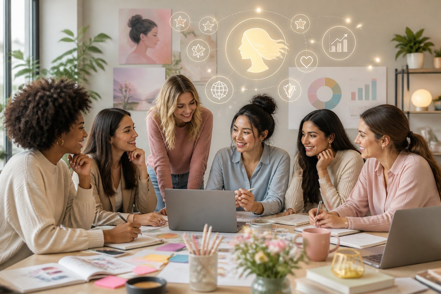 Grupo de mulheres jovens reunidas em uma mesa, colaborando e discutindo ideias em um ambiente de trabalho moderno e iluminado.