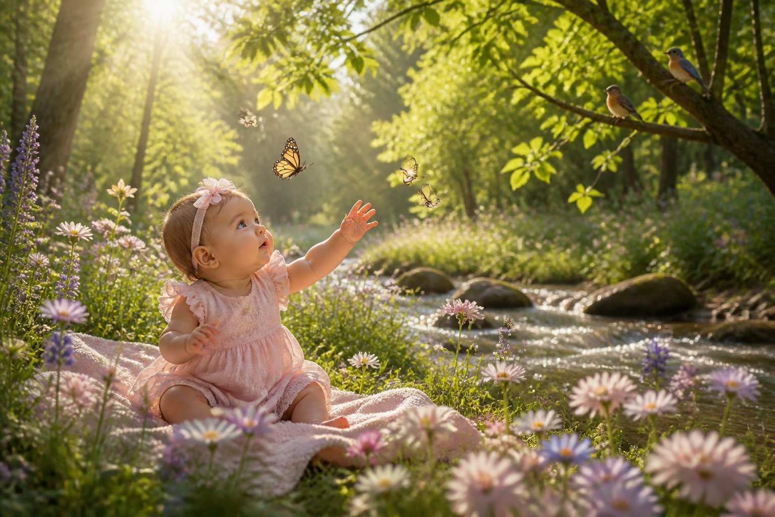 Clareira de floresta iluminada pelo sol com flores silvestres coloridas, um riacho cristalino e borboletas voando, transmitindo uma sensação de paz e natureza.