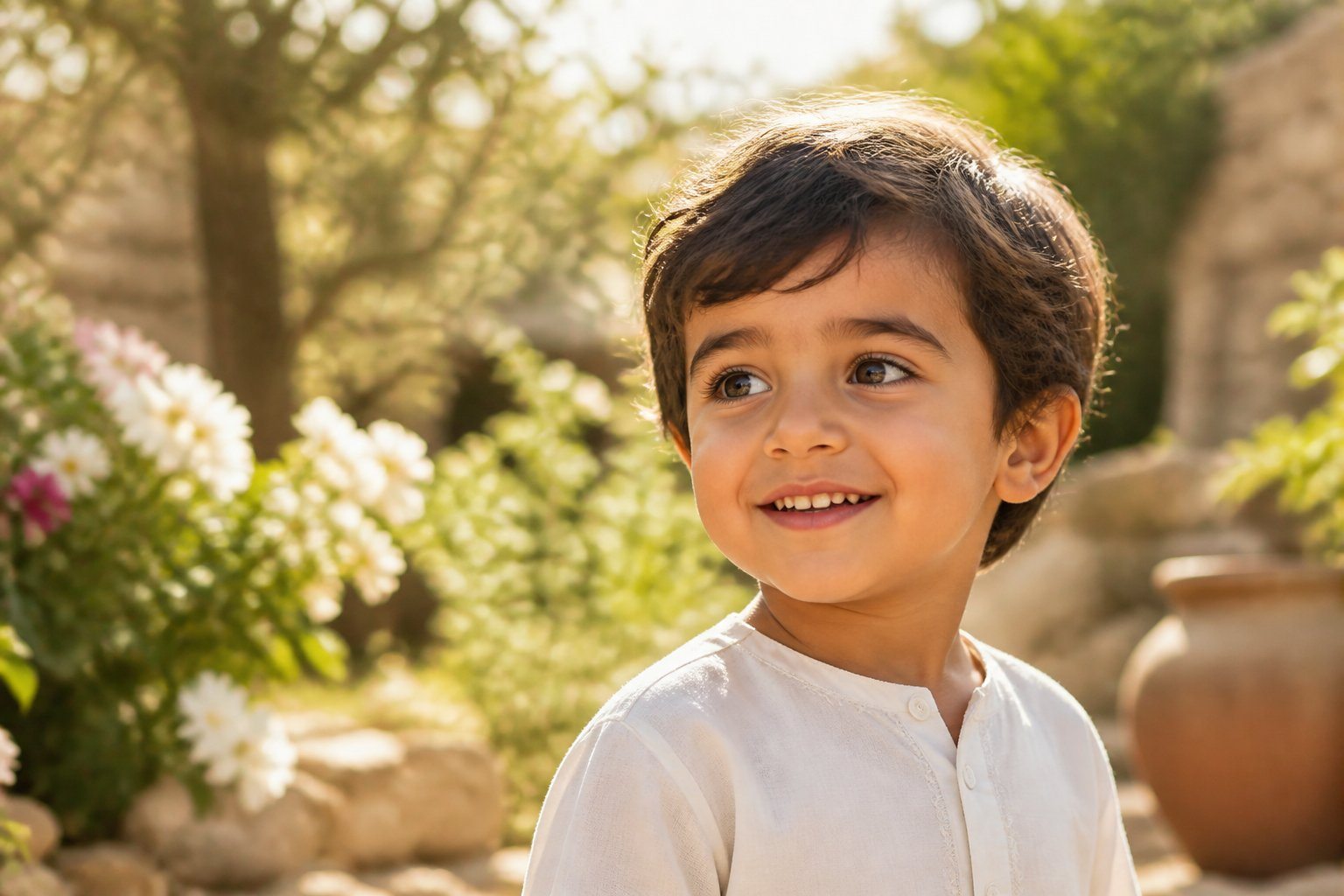 Um menino pequeno sorrindo em um jardim ensolarado com plantas verdes ao fundo.