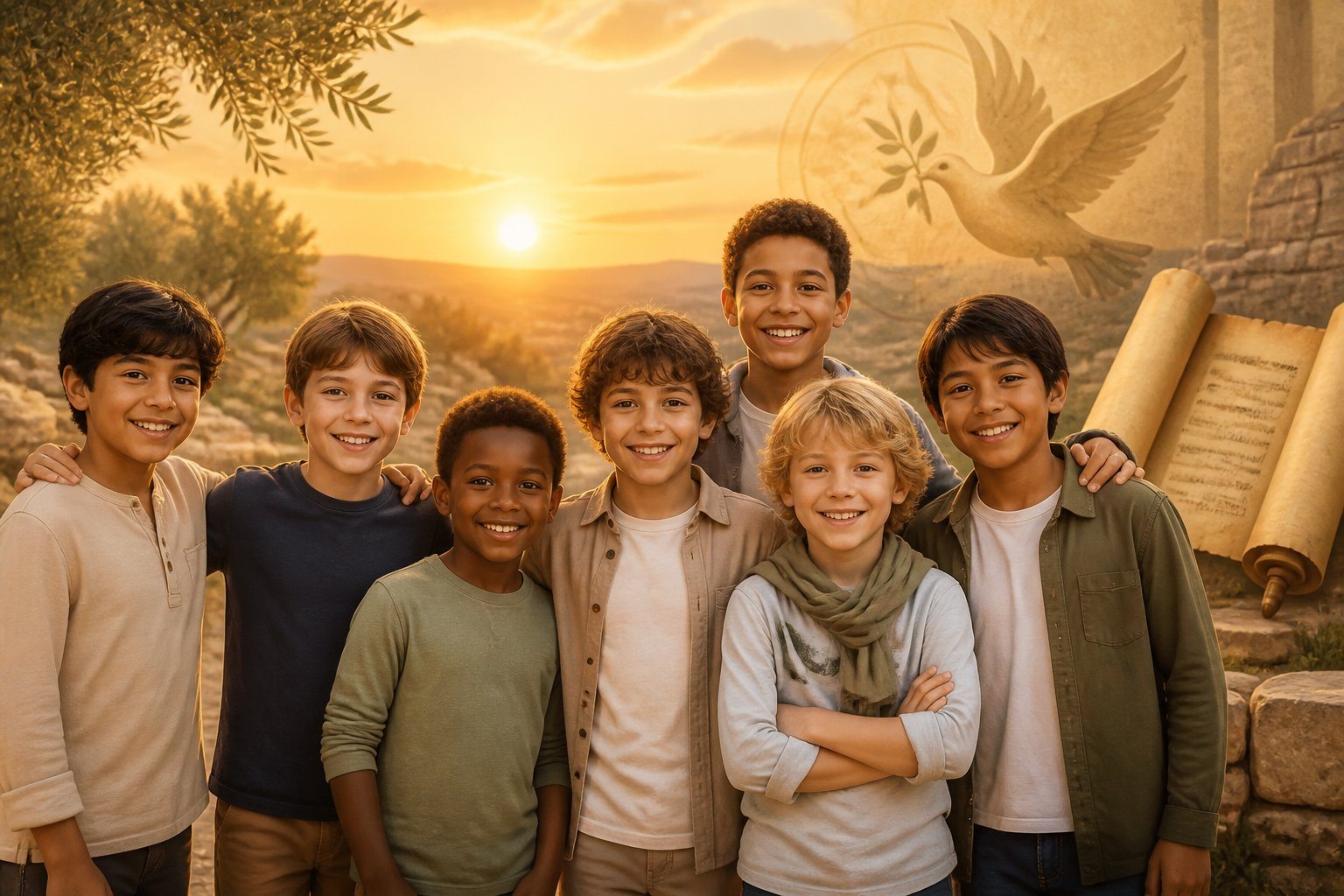 Grupo de meninos sorrindo ao ar livre durante o pôr do sol, transmitindo alegria e tradição.