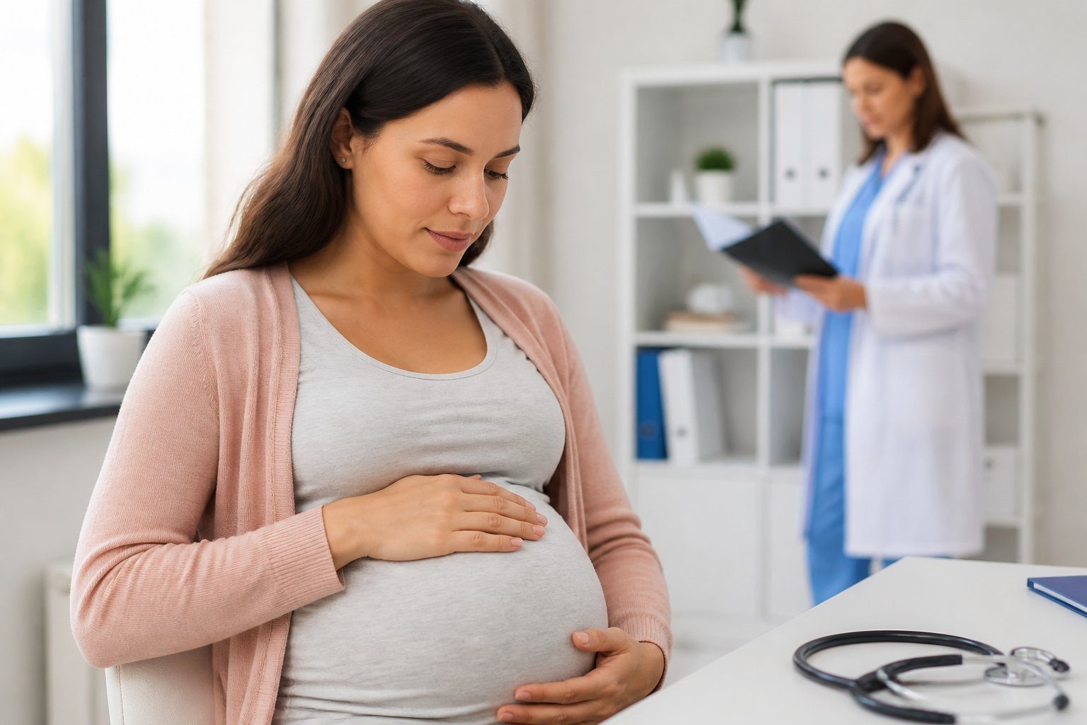 Mulher grávida sentada em clínica médica, segurando a barriga com uma mão, com profissional de saúde ao fundo.