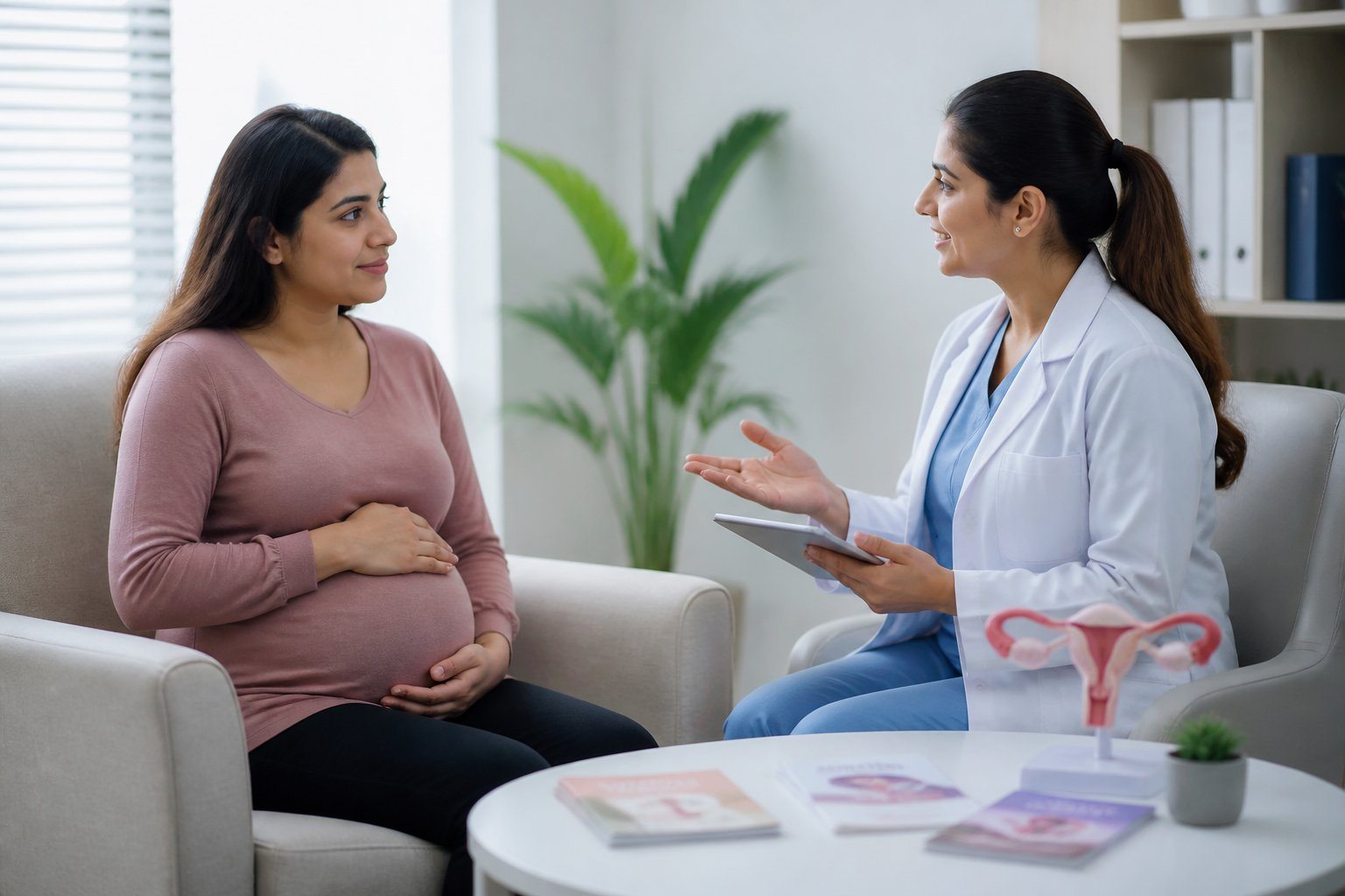 Mulher grávida conversando com profissional de saúde em consultório médico, ambiente calmo e acolhedor.