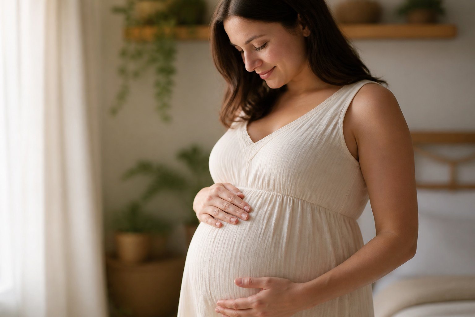 Mulher grávida acariciando suavemente sua barriga pequena em um ambiente acolhedor e iluminado.