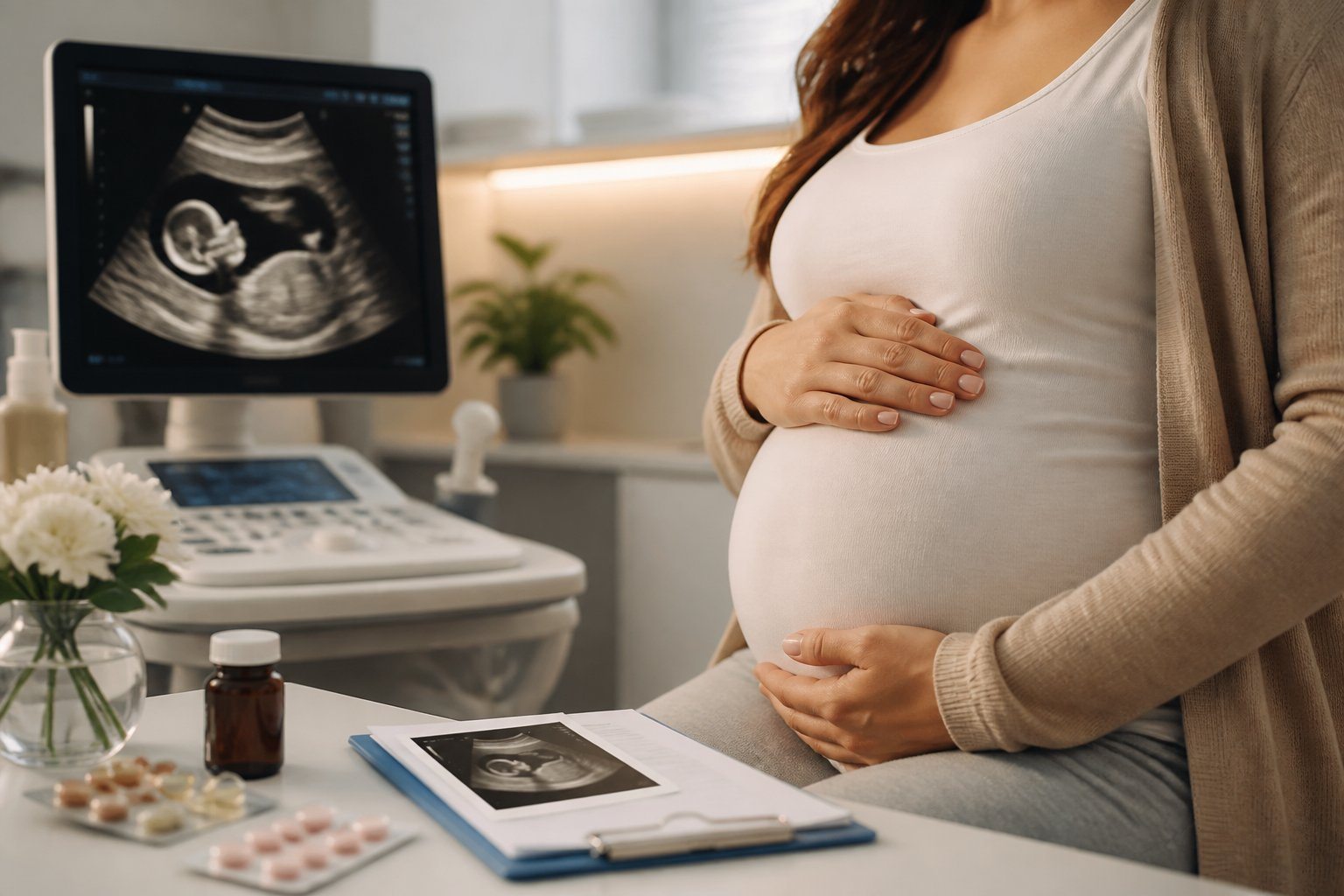 Mulher grávida segurando a barriga em um consultório médico com imagem de ultrassom ao fundo.
