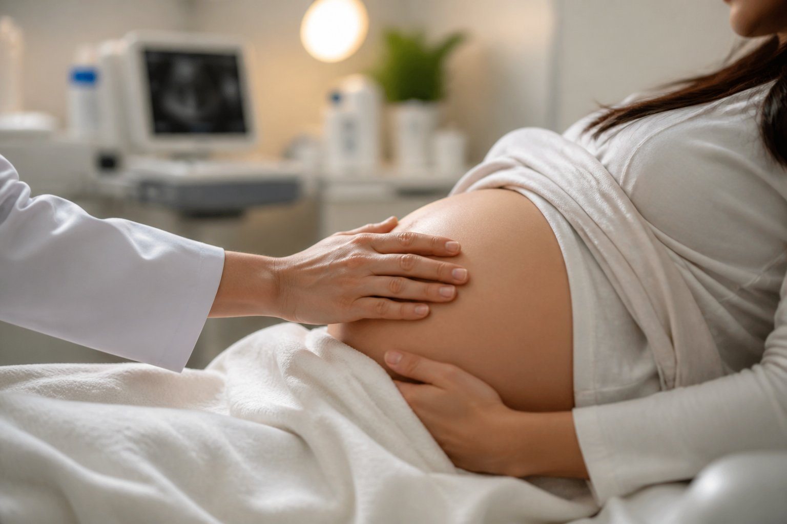 Médico ou parteira com a mão apoiada suavemente na barriga de uma mulher grávida em ambiente clínico.