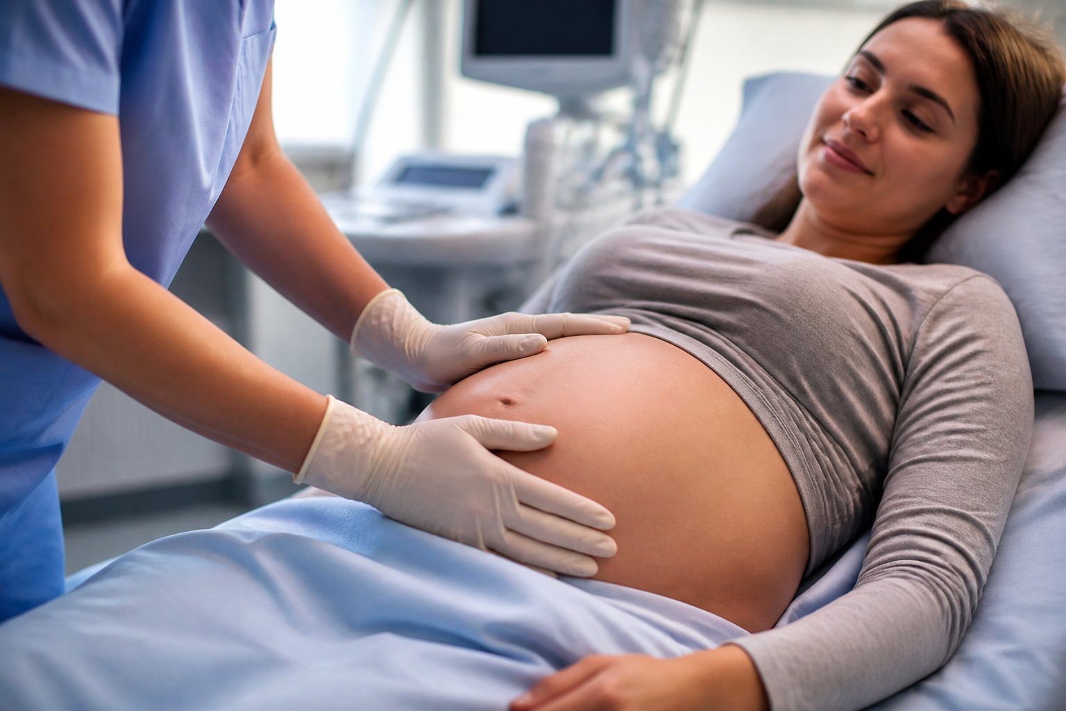 Profissional de saúde examinando a barriga de uma mulher grávida em um ambiente hospitalar para avaliar sinais do início do trabalho de parto.