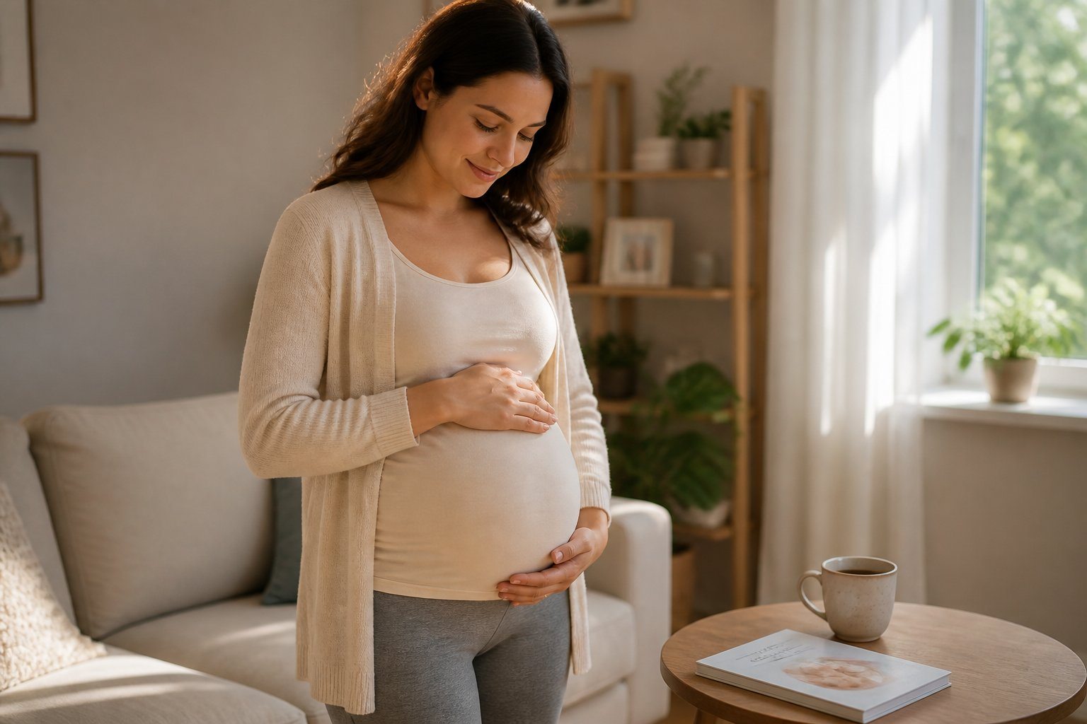 Mulher grávida na segunda gestação acariciando a barriga em uma sala iluminada e aconchegante.