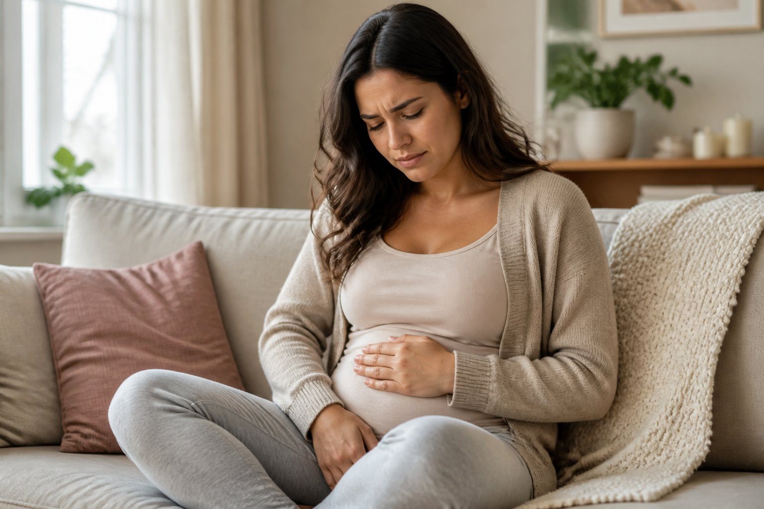 Mulher grávida jovem sentada no sofá, segurando a barriga com expressão de desconforto leve.