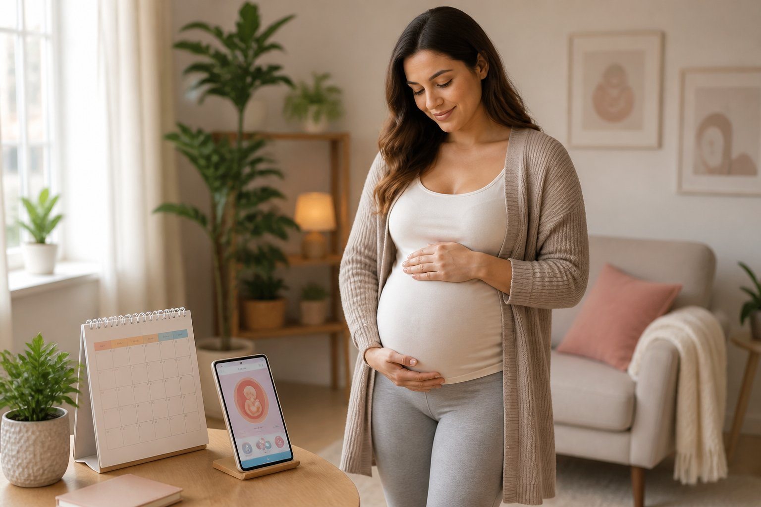 Mulher grávida acariciando a barriga em ambiente doméstico acolhedor, com calendário e dispositivo eletrônico ao lado.
