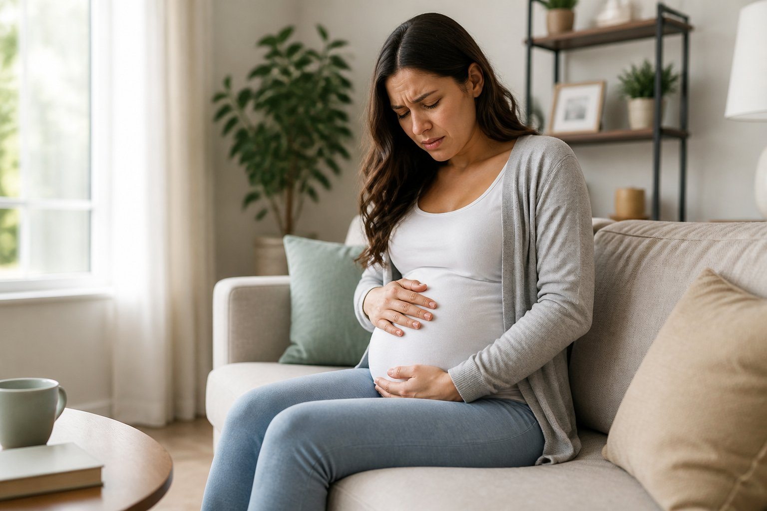 Mulher grávida sentada no sofá, segurando a barriga com expressão de desconforto.