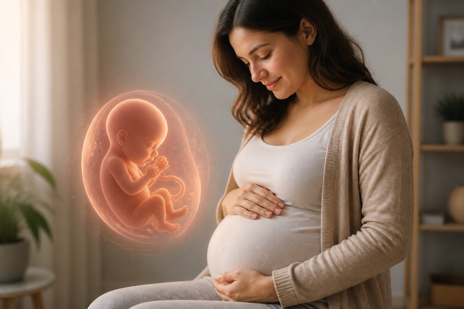 Mulher grávida acariciando a barriga com uma ilustração translúcida de um feto ao lado, representando a 17ª semana de gravidez.