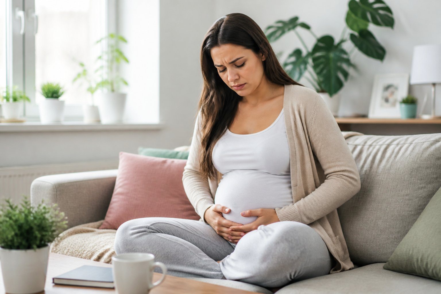 Mulher grávida jovem sentada no sofá, com expressão preocupada, segurando a região inferior do abdômen.
