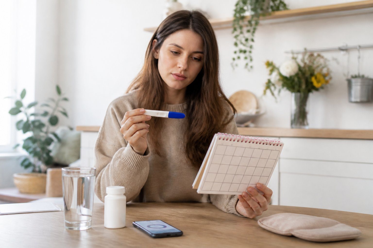 Mulher jovem sentada à mesa da cozinha segurando um teste de gravidez negativo e um calendário, com expressão pensativa.