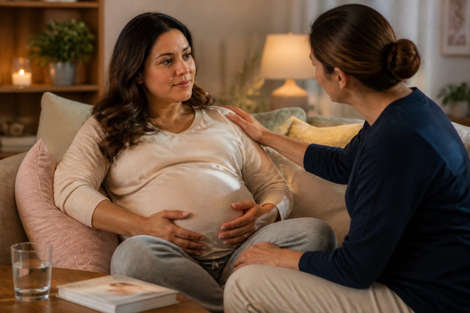 Mulher grávida sentada confortavelmente no sofá, segurando a barriga, acompanhada por uma pessoa que oferece apoio em um ambiente acolhedor.