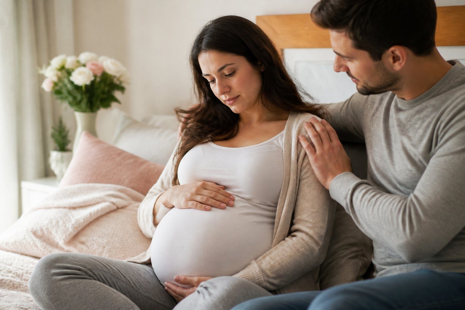 Mulher grávida sentada em um ambiente acolhedor, tocando a barriga com expressão tranquila, acompanhada por uma pessoa que oferece apoio.