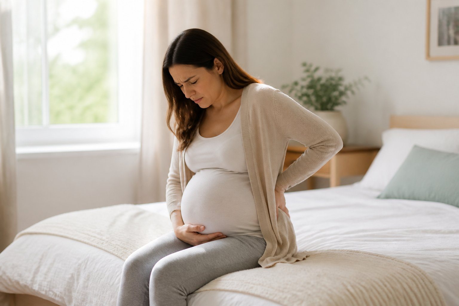 Mulher grávida sentada na beira da cama, segurando a região pélvica com expressão de desconforto.